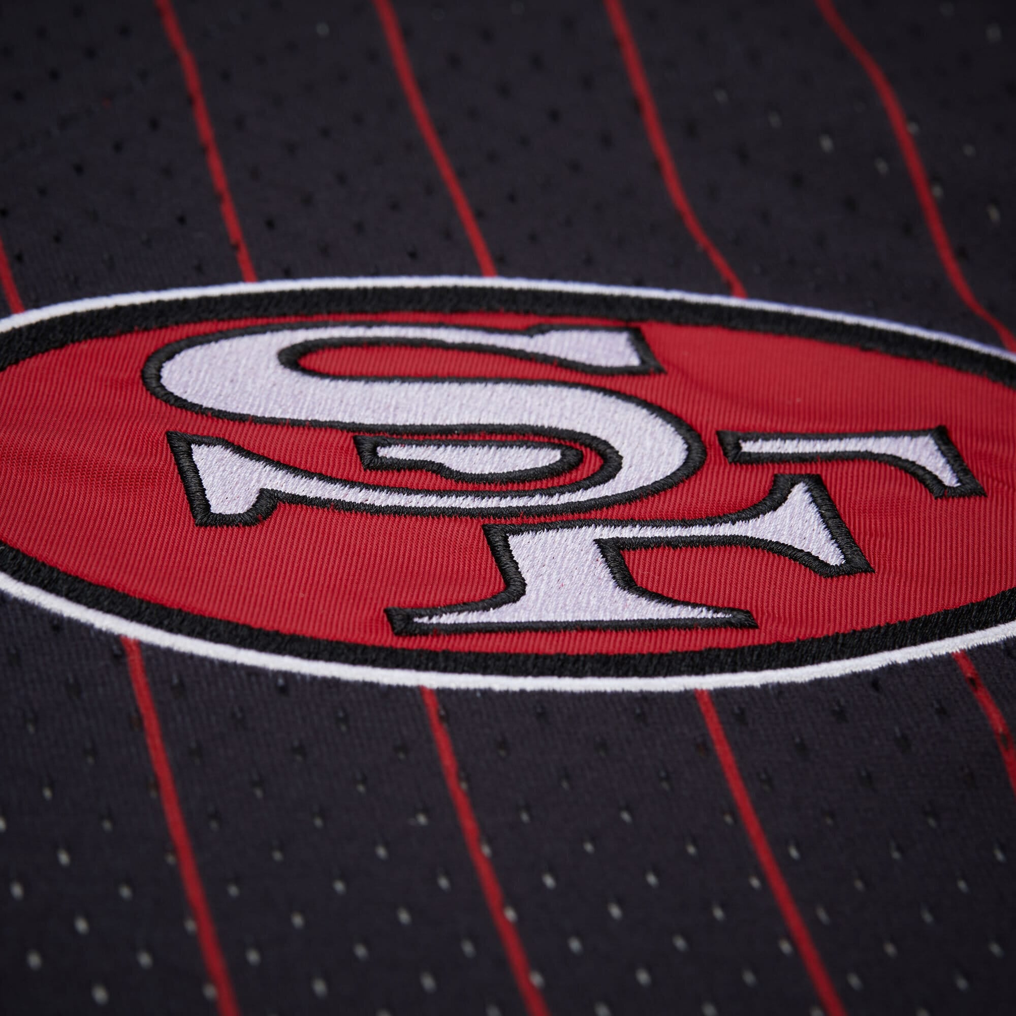 San Francisco 49ers Mitchell & Ness Final Seconds Striped Mesh Baseball Jersey - Scarlet - Mens, , rebel_hi-res