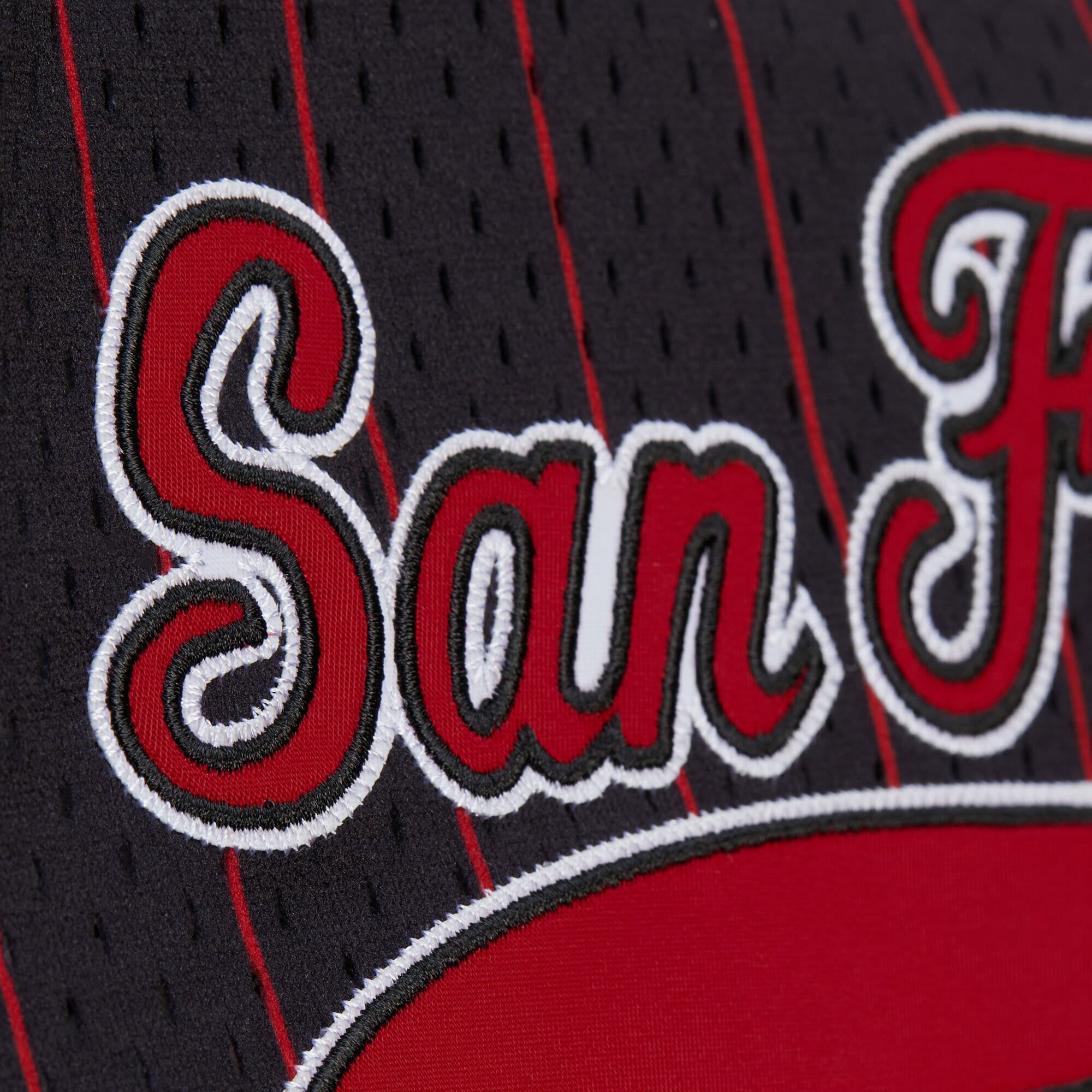 San Francisco 49ers Mitchell & Ness Final Seconds Striped Mesh Baseball Jersey - Scarlet - Mens, , rebel_hi-res