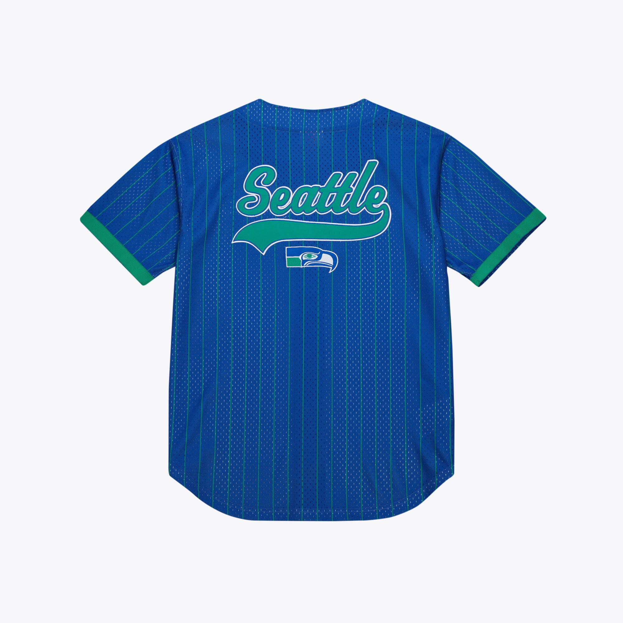 Seattle Seahawks Mitchell & Ness Final Seconds Striped Mesh Baseball Jersey - Royal - Mens, , rebel_hi-res