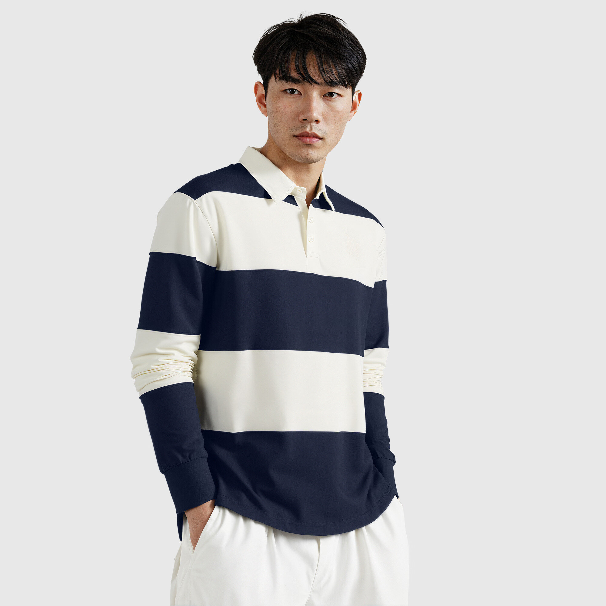 Chelsea Varsity Striped Rugby Polo - Navy/Cream, , rebel_hi-res