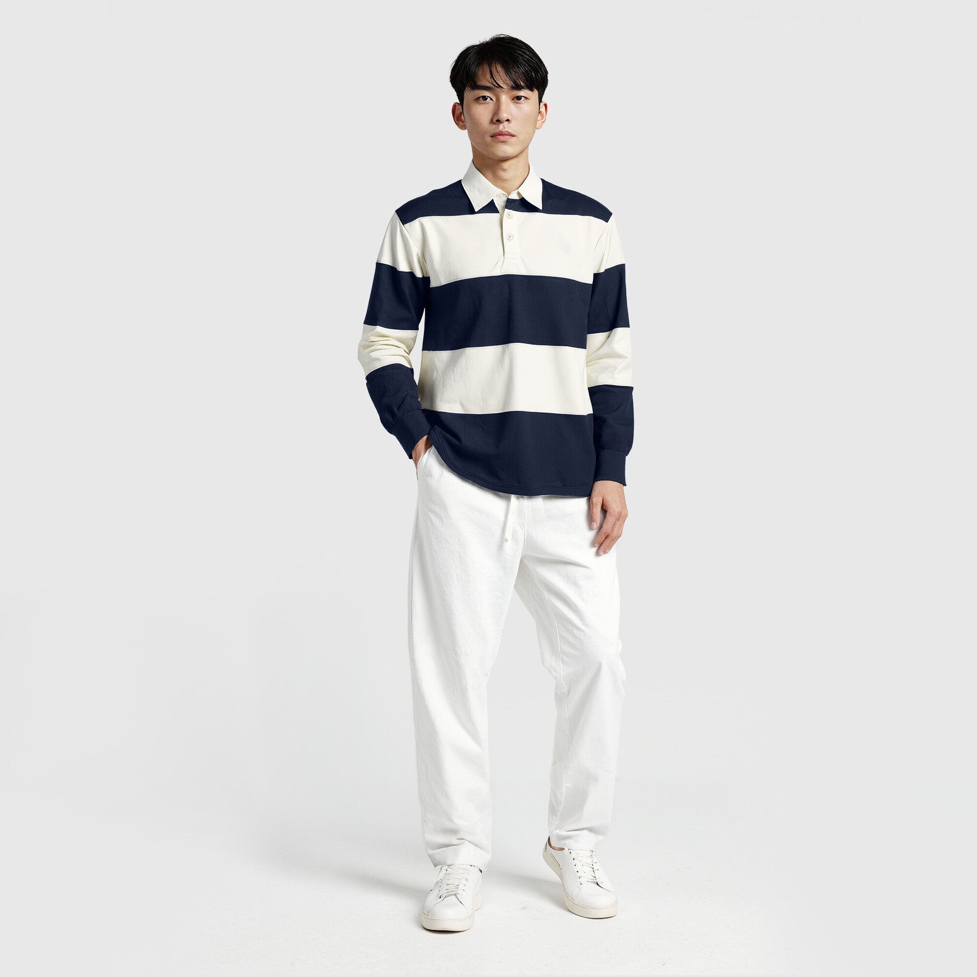 Chelsea Varsity Striped Rugby Polo - Navy/Cream, , rebel_hi-res