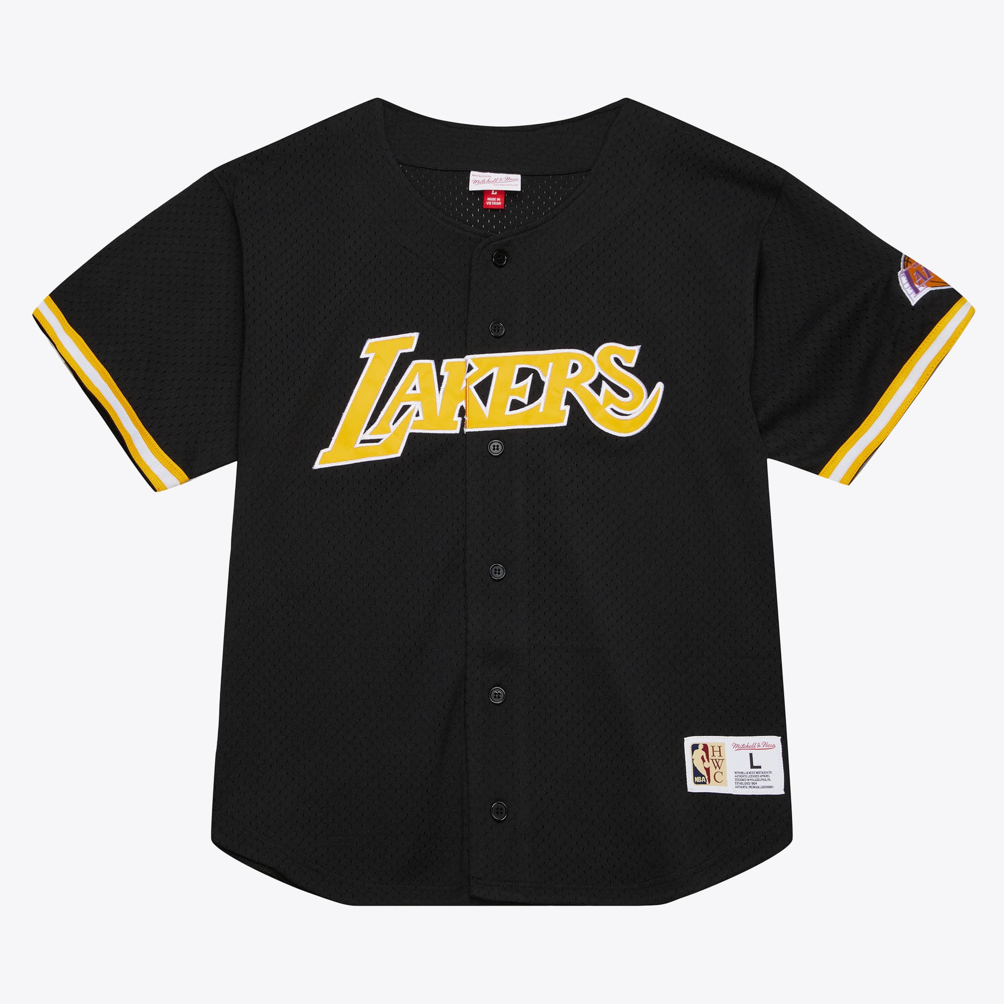 Los Angeles Lakers Mitchell & Ness On The Clock Mesh Button Front Shirt, , rebel_hi-res
