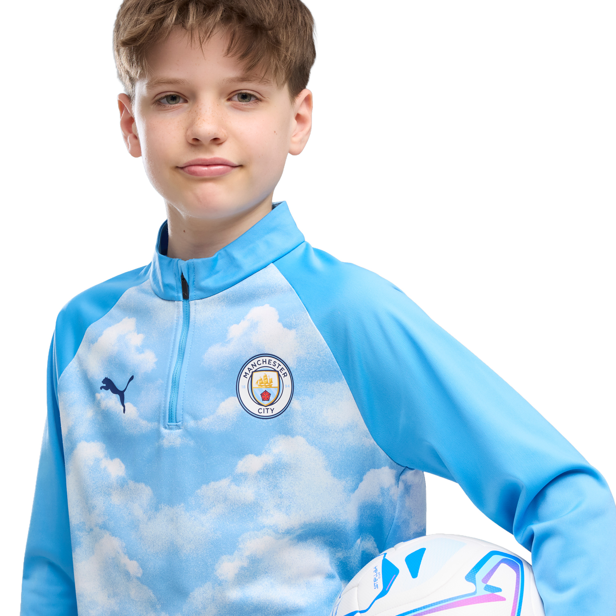 Manchester City Puma Warm Up 1/4 Zip - Blue - Kids, , rebel_hi-res