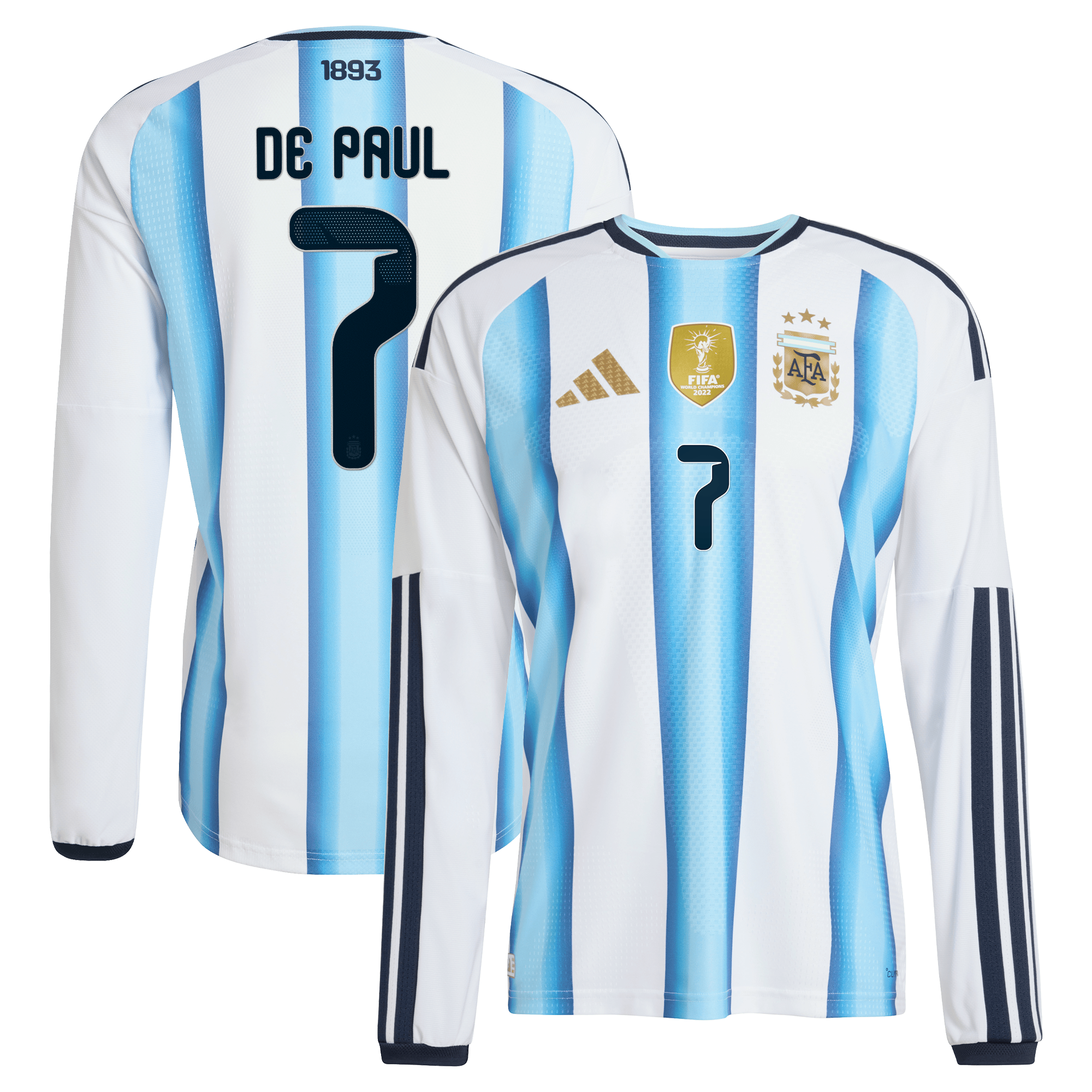 Argentina adidas Home Authentic Shirt 2026 - Long sleeve with De Paul 7 printing, , rebel_hi-res