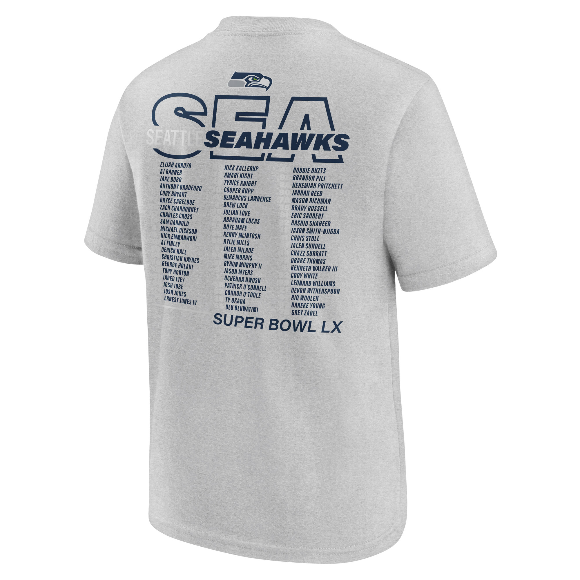 Seattle Seahawks LX Team Members 2025 Super Bowl Champions T-Shirt - Grey - Youth, , rebel_hi-res
