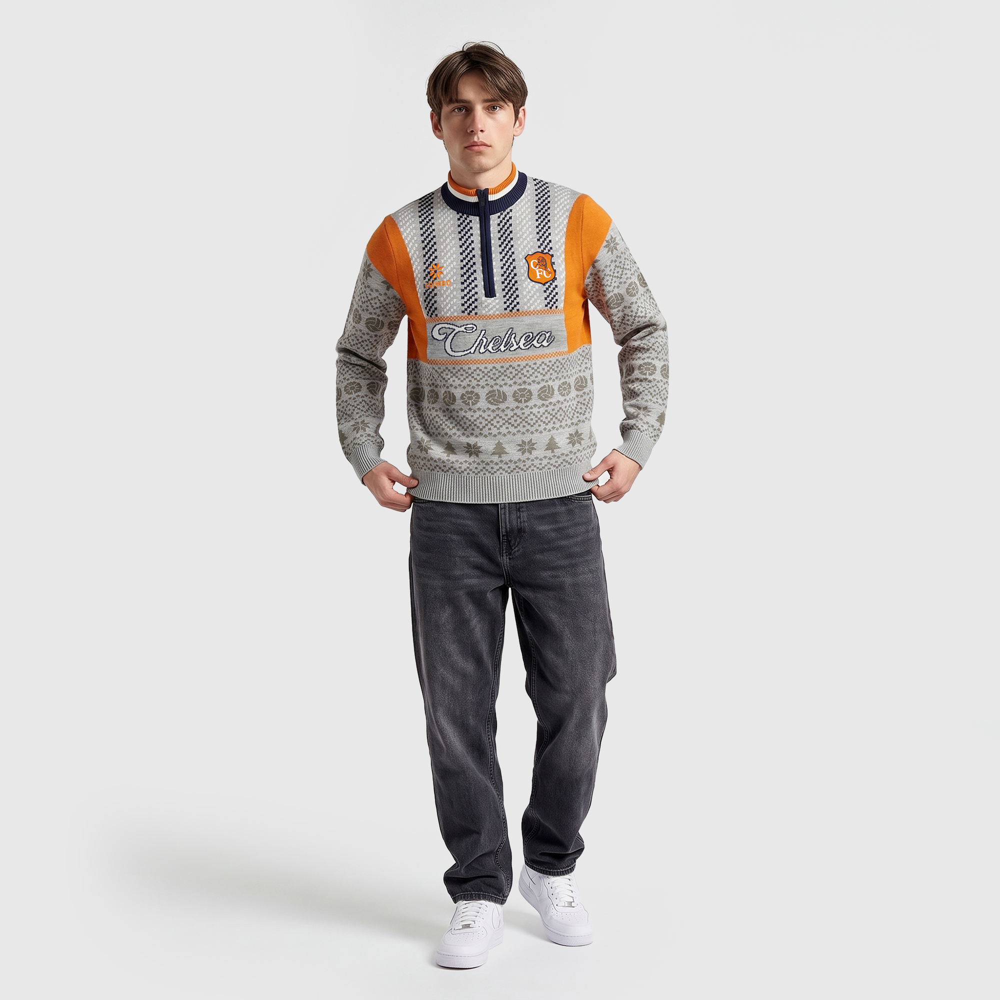 Chelsea Christmas Retro 1/4 Zip Jumper - Grey, , rebel_hi-res