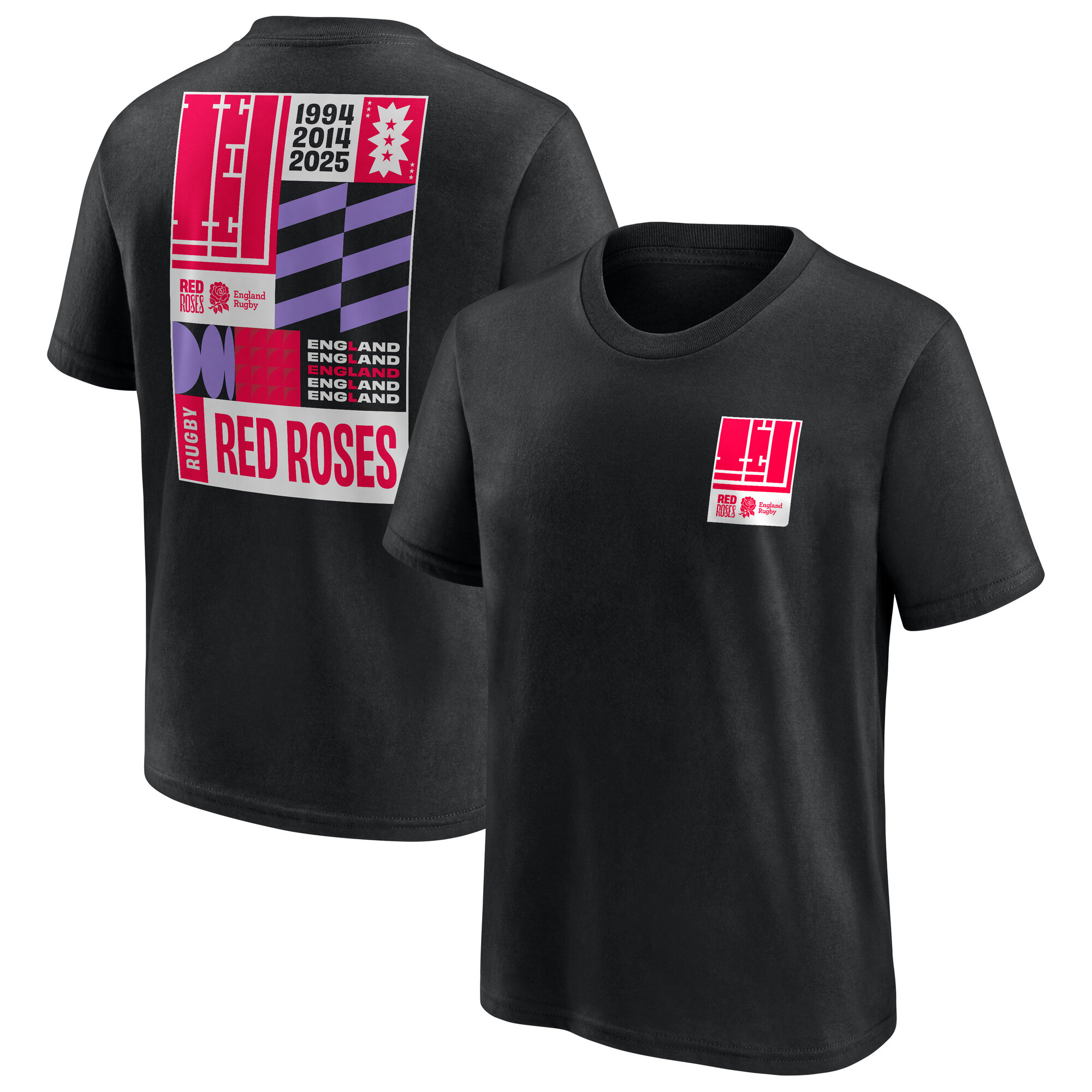 England Rugby Red Roses Art Graphic T-Shirt - Black - Juniors, , rebel_hi-res