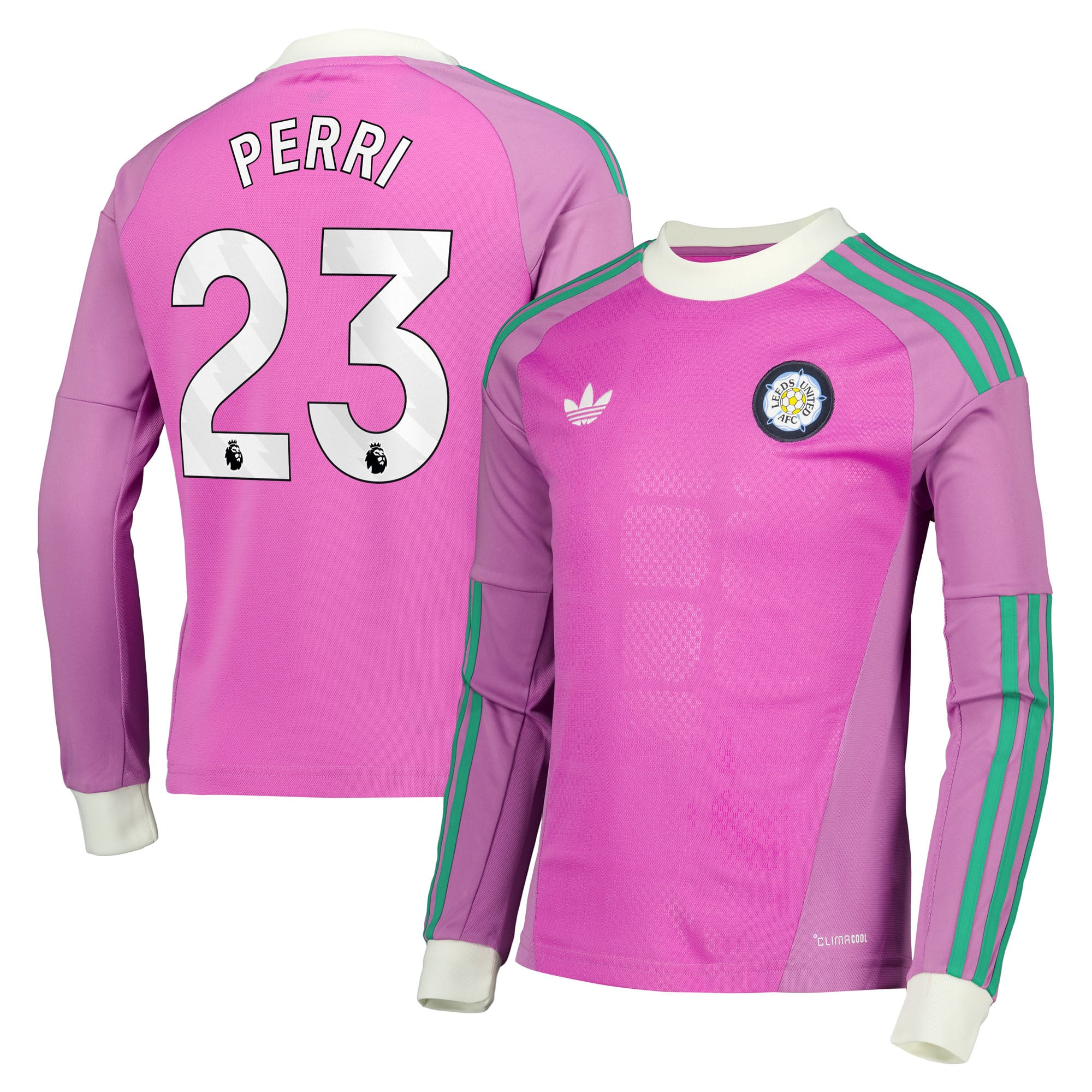 Leeds United adidas Goalkeeper Shirt 2026-27 - Long Sleeve - Kids with Perri 23 printing, , rebel_hi-res