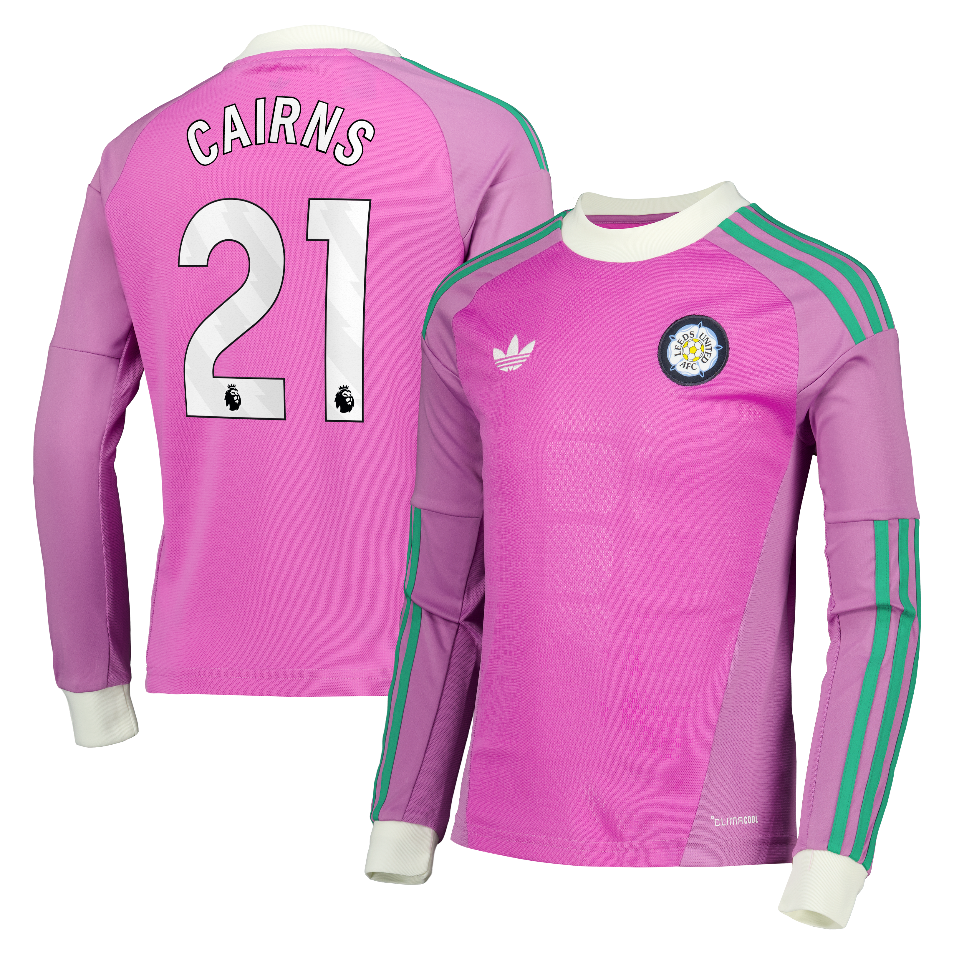 Leeds United adidas Away Goalkeeper Shirt 2026-27 - Long Sleeve - Kids with Cairns 21 printing, , rebel_hi-res