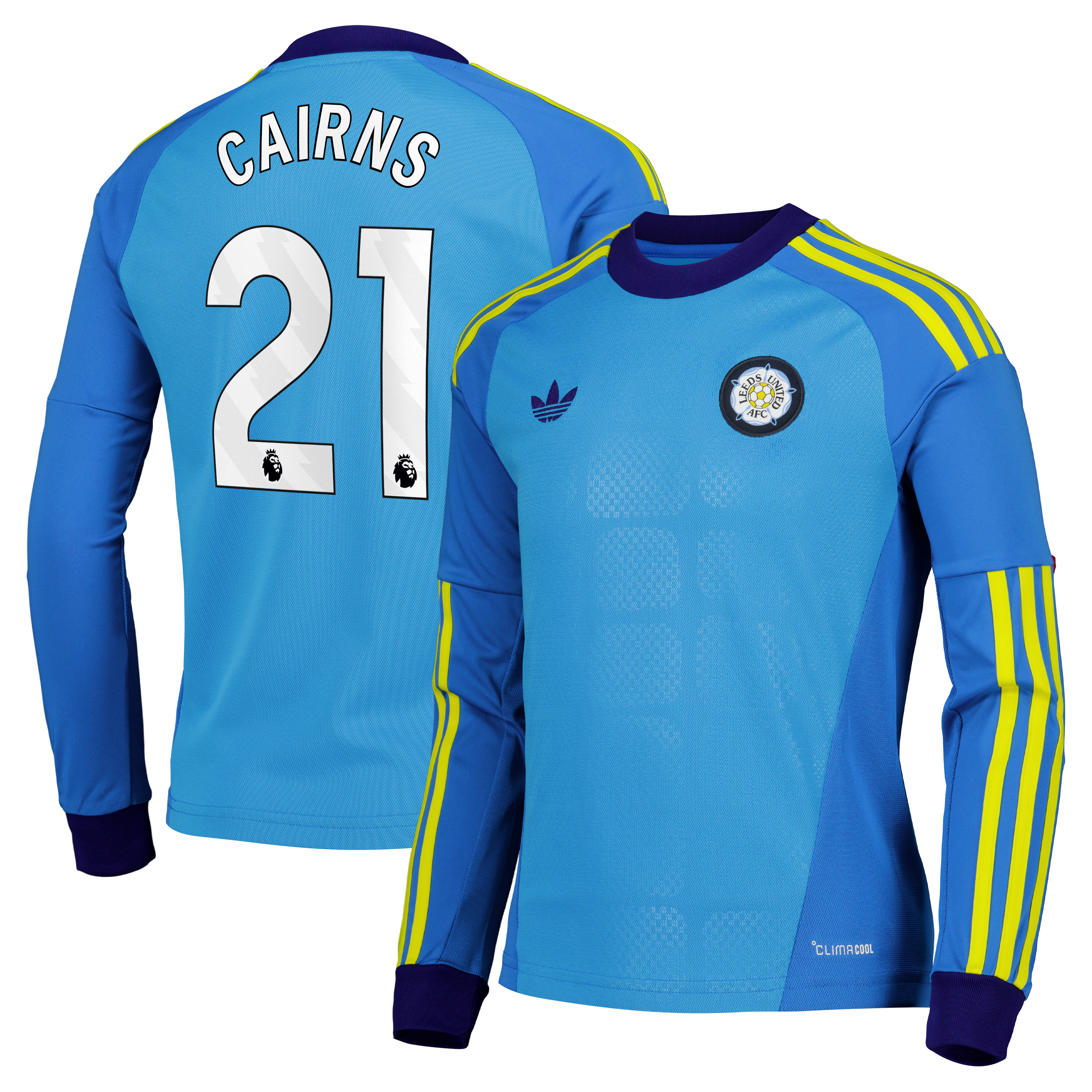 Leeds United adidas Away Goalkeeper Shirt 2026-27 - Long Sleeve - Kids with Cairns 21 printing, , rebel_hi-res