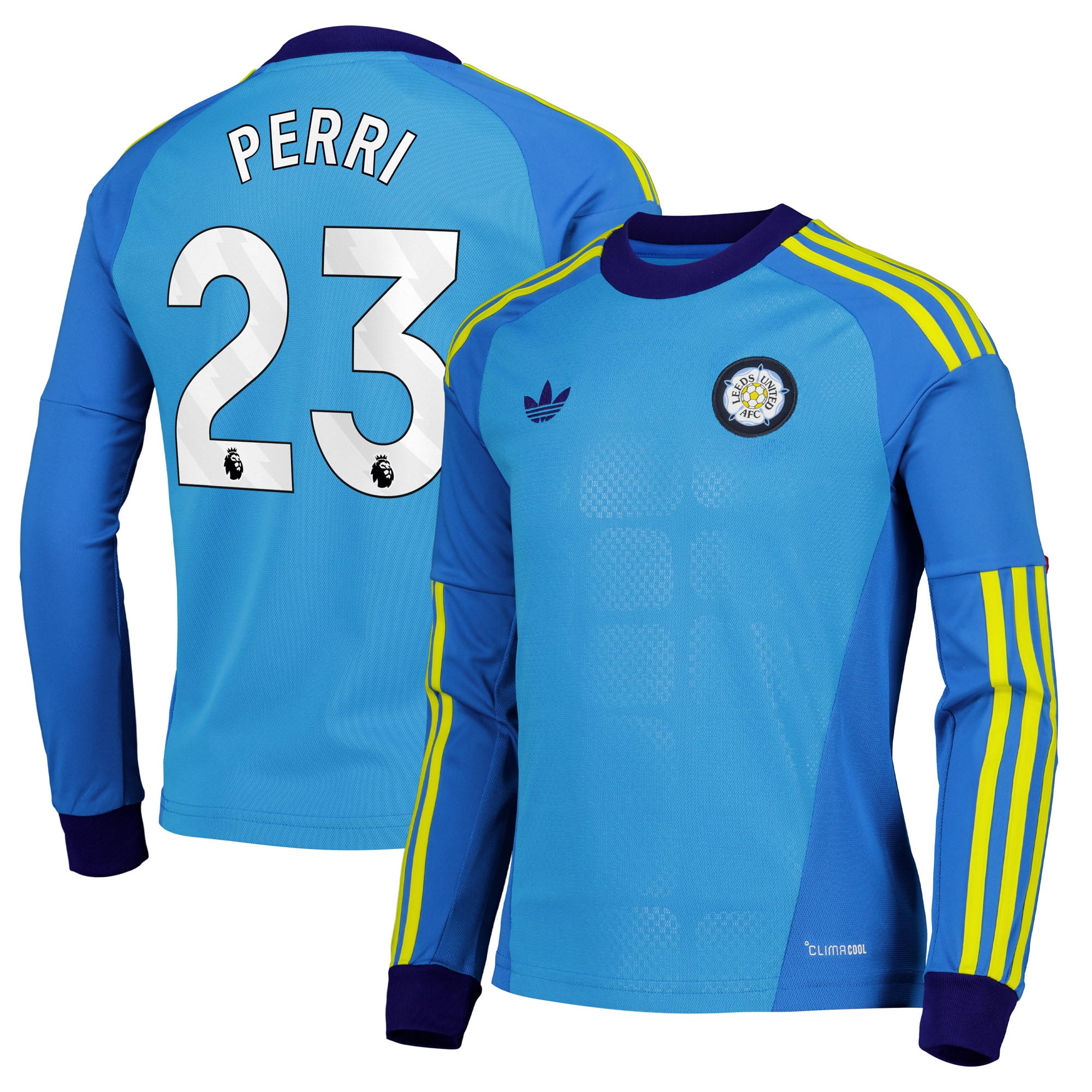Leeds United adidas Goalkeeper Shirt 2026-27 - Long Sleeve - Kids with Perri 23 printing, , rebel_hi-res