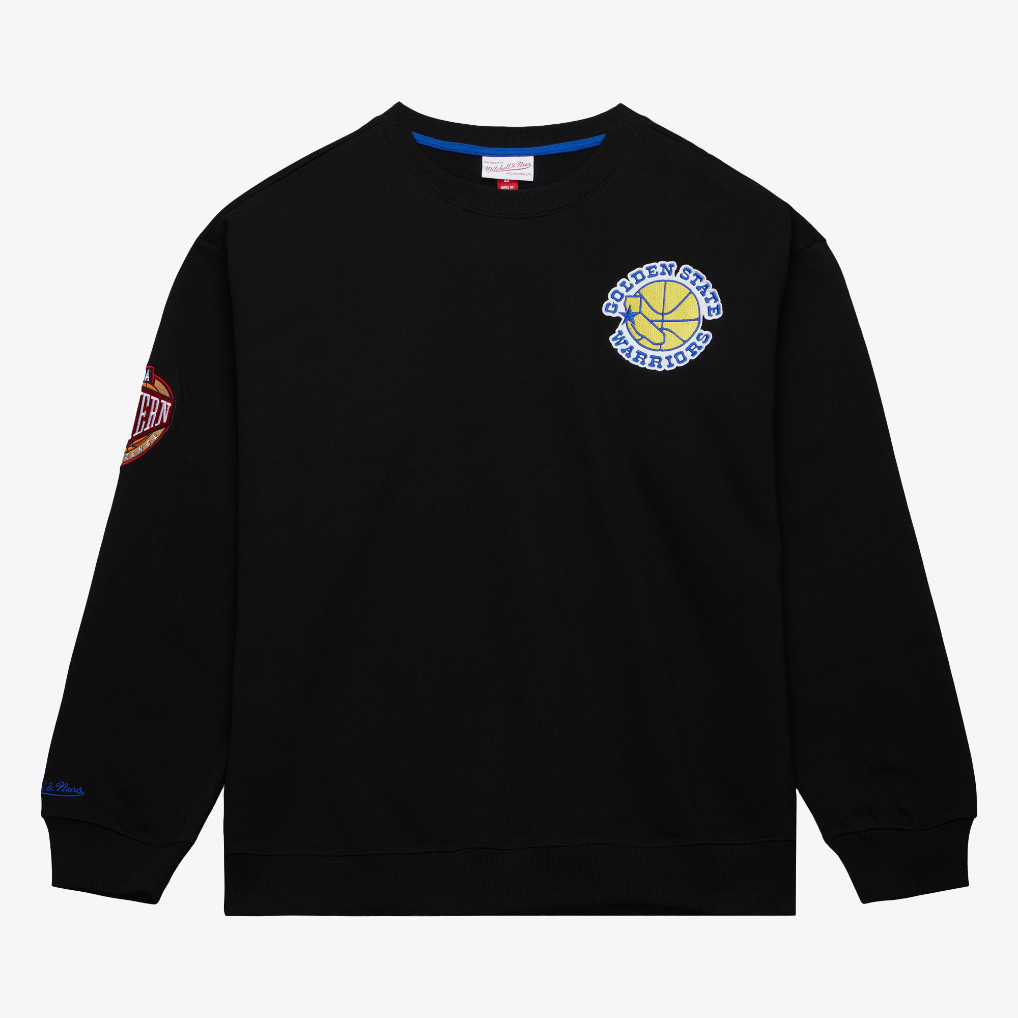 Golden State Warriors Mitchell & Ness Team First Satin Fleece Crew - Black - Mens, , rebel_hi-res