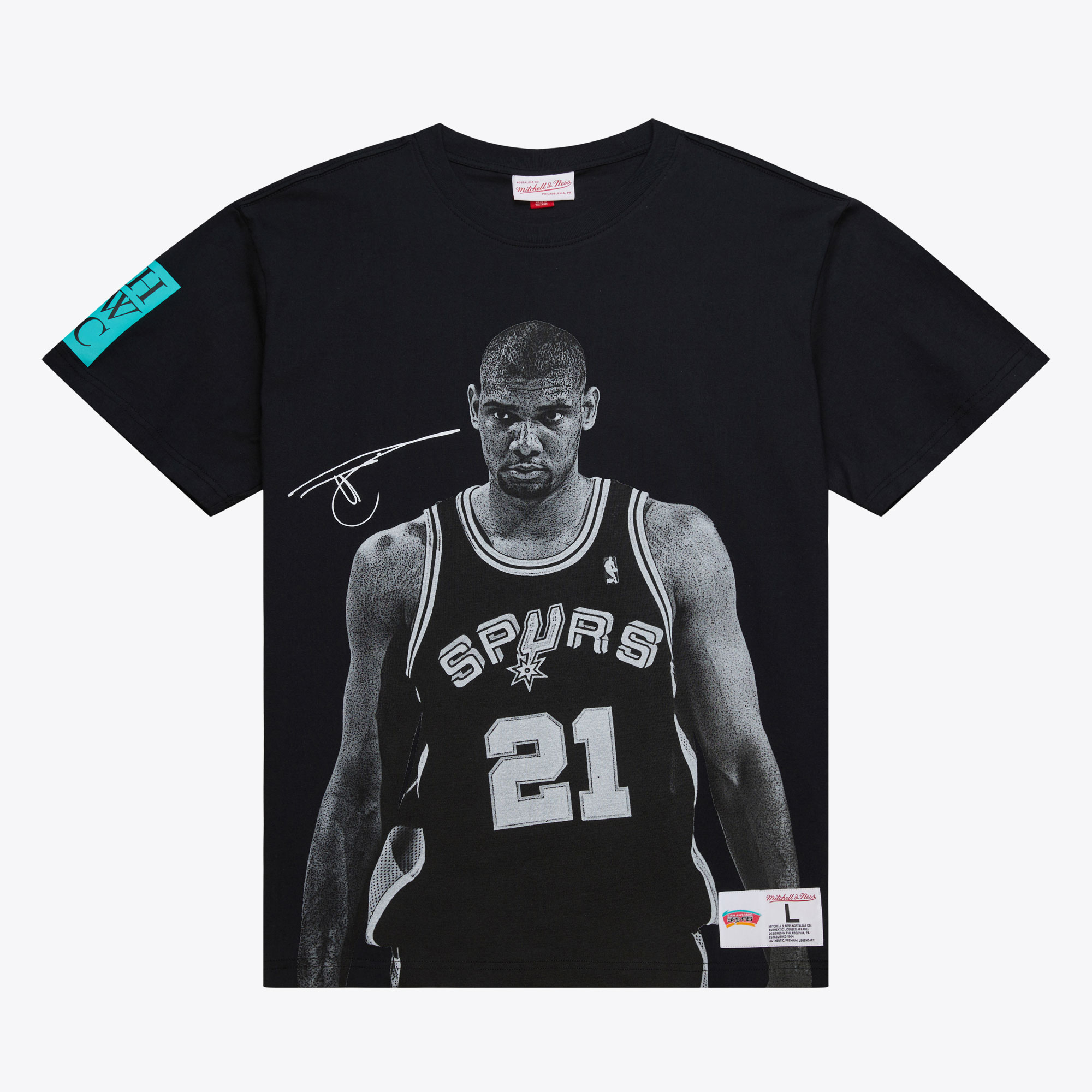 San Antonio Spurs Mitchell & Ness Tim Duncan Ultimate Player T-Shirt Vintage Logo - Black - Mens, , rebel_hi-res