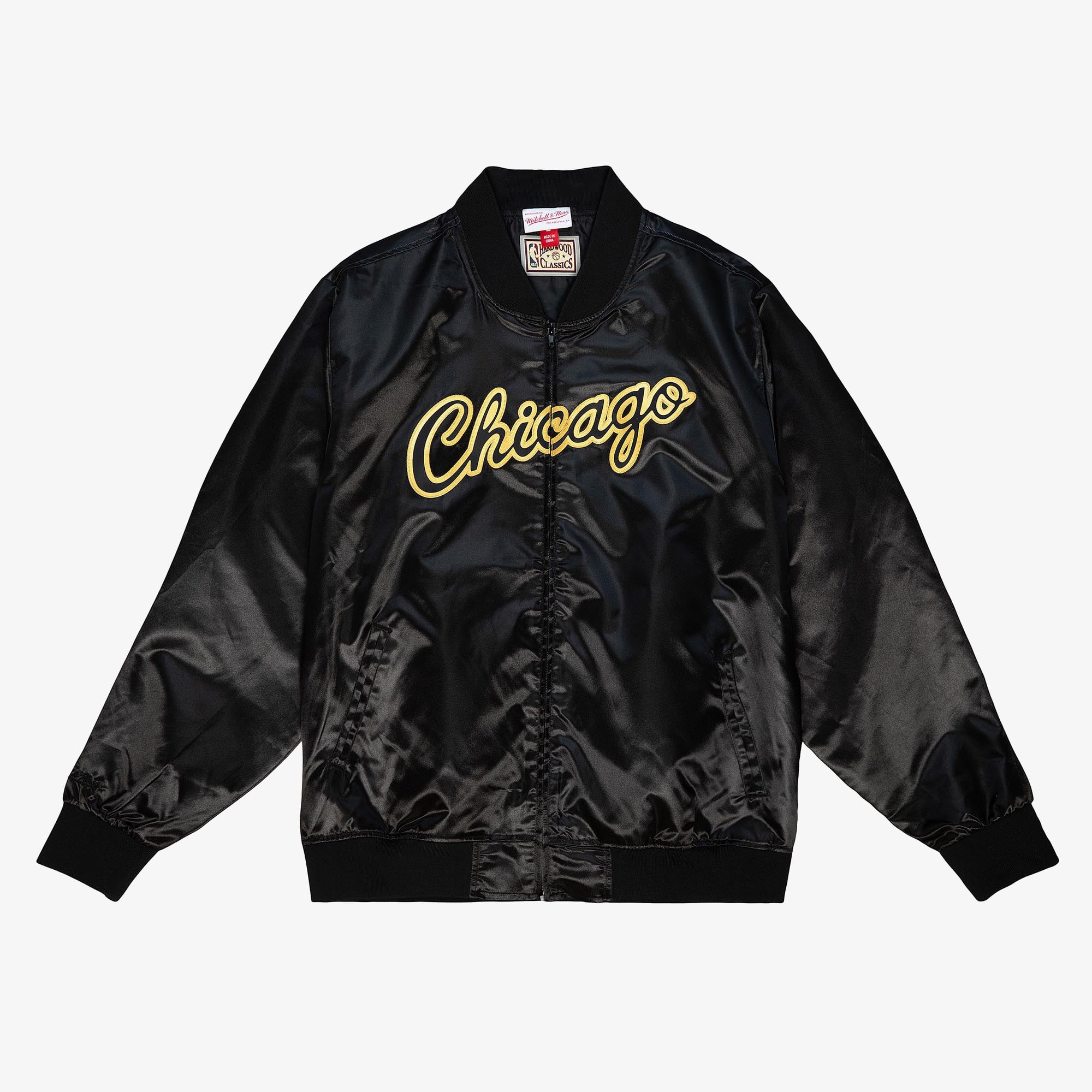 Chicago Bulls Mitchell & Ness Big Face 4.0 Satin Jacket - Black - Mens, , rebel_hi-res