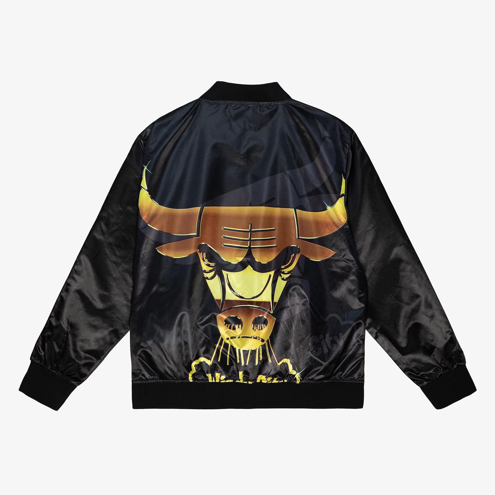 Chicago Bulls Mitchell & Ness Big Face 4.0 Satin Jacket - Black - Mens, , rebel_hi-res