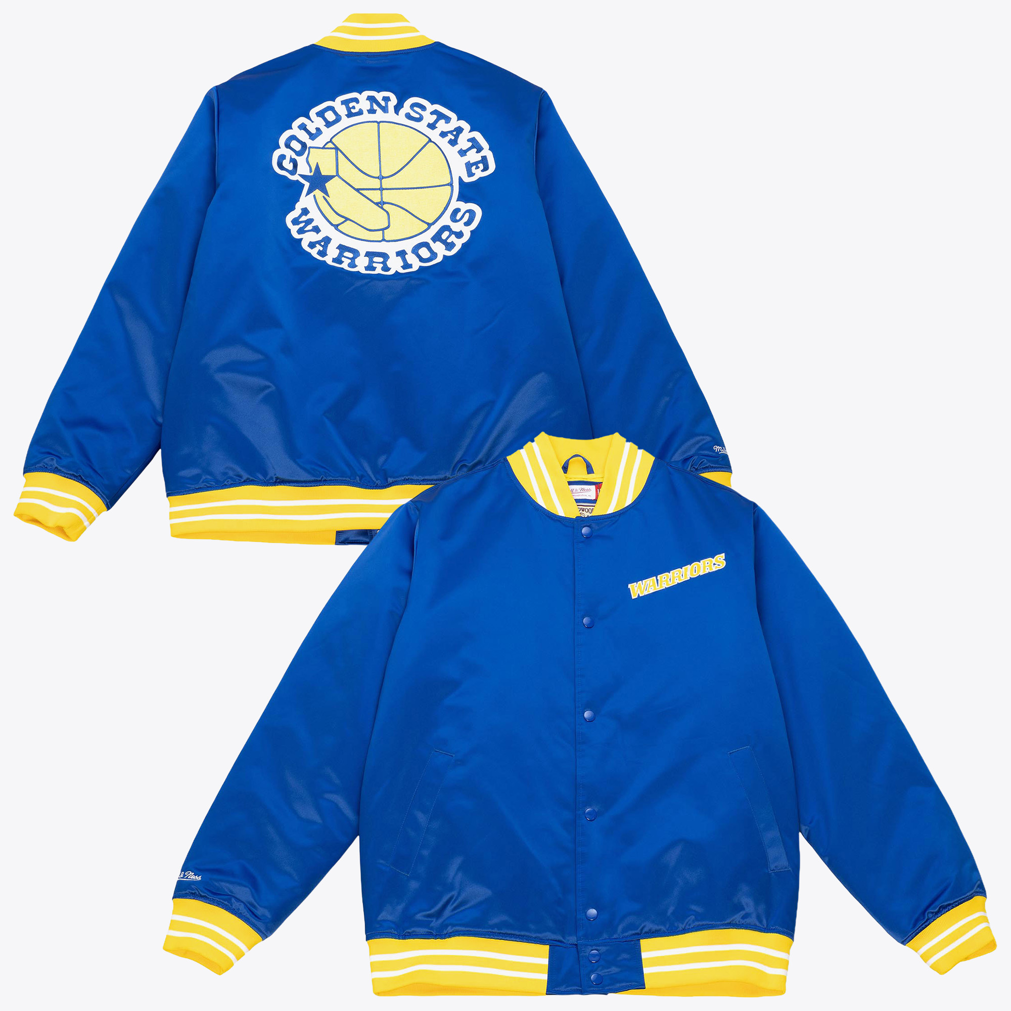 Golden State Warriors Mitchell & Ness Heavyweight Satin Jacket - Royal Blue - Mens, , rebel_hi-res