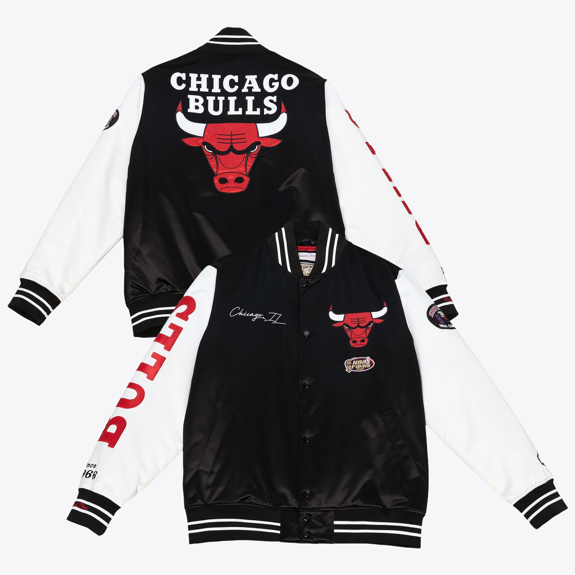 Chicago Bulls Mitchell & Ness Team Origins Varsity Satin Jacket - Black/White - Mens, , rebel_hi-res