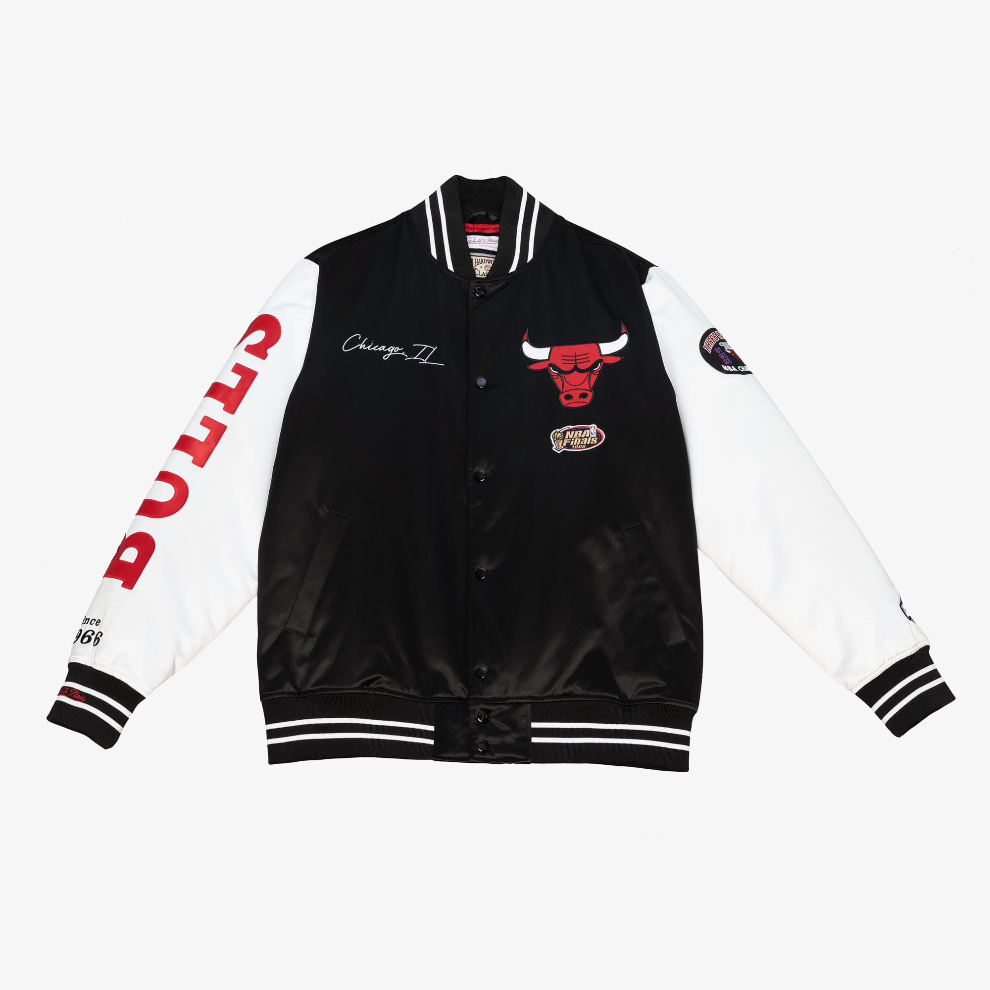 Chicago Bulls Mitchell & Ness Team Origins Varsity Satin Jacket - Black/White - Mens, , rebel_hi-res