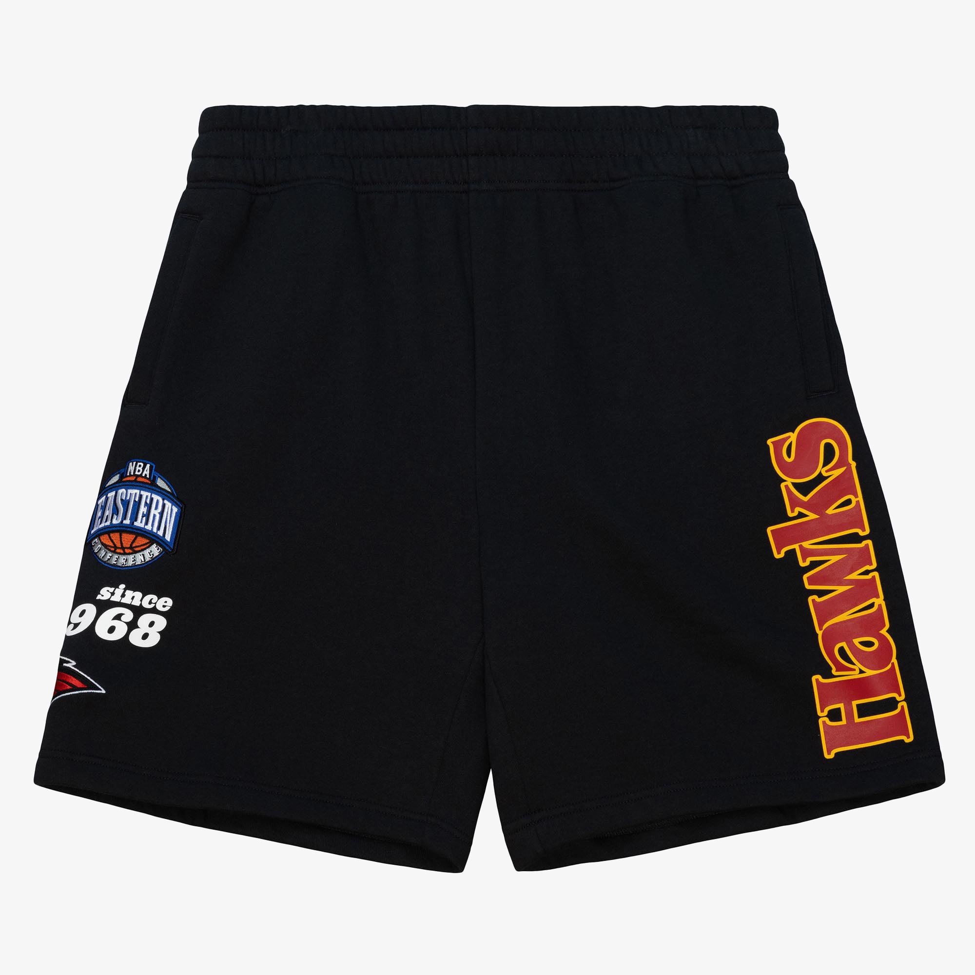 Atlanta Hawks Mitchell & Ness Team Origins Fleece Shorts - Black - Mens, , rebel_hi-res