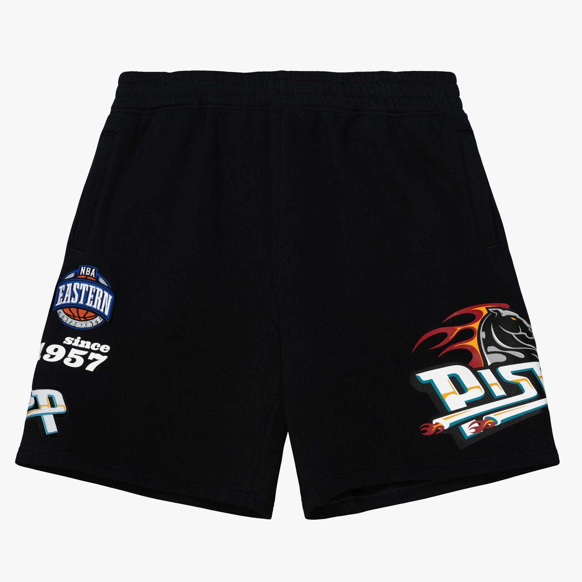 Detroit Pistons Mitchell & Ness Team Origins Fleece Shorts - Black - Mens, , rebel_hi-res