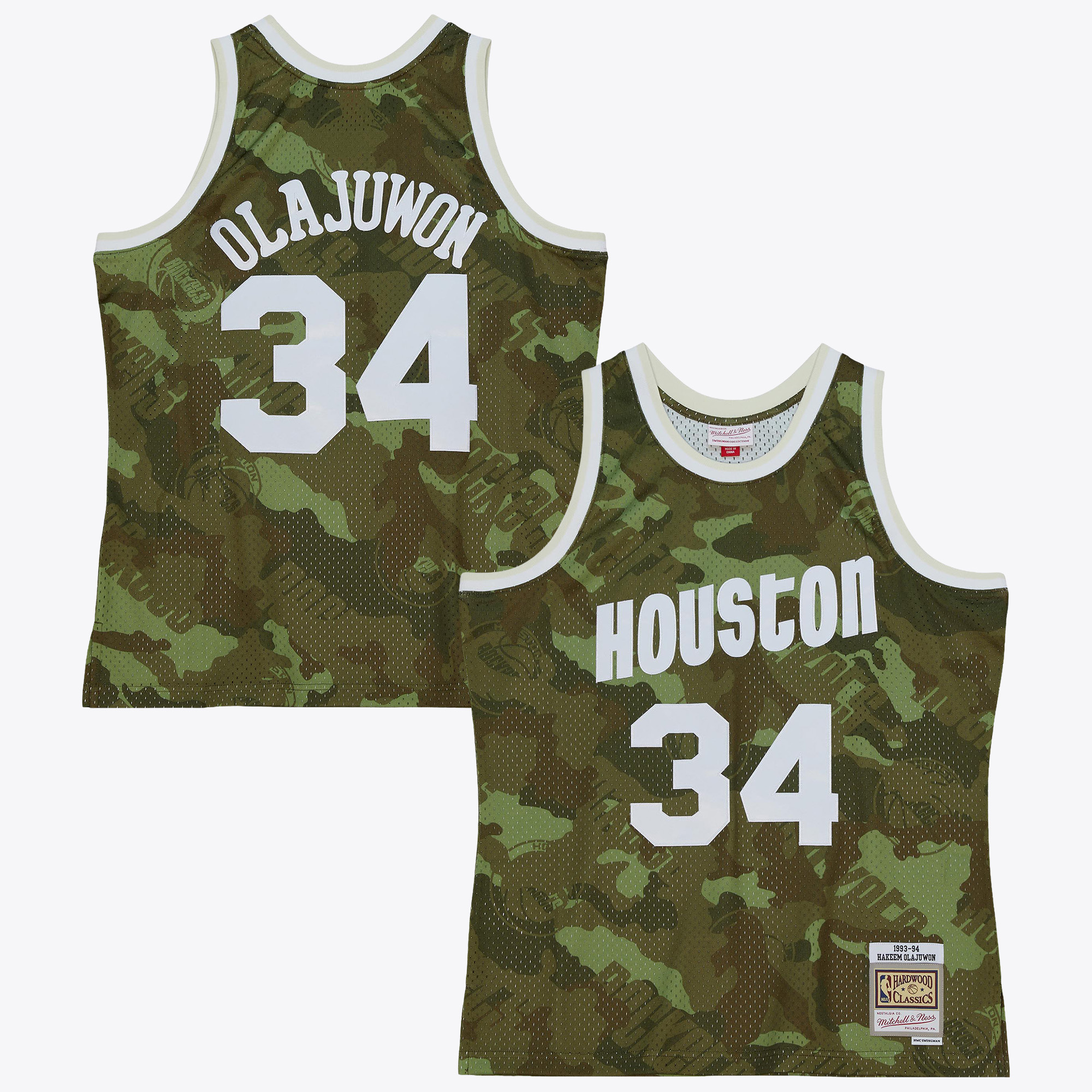 Houston Rockets Mitchell & Ness Hakeem Olajuwon 1993 Ghost Camo Swingman Jersey - Green, , rebel_hi-res