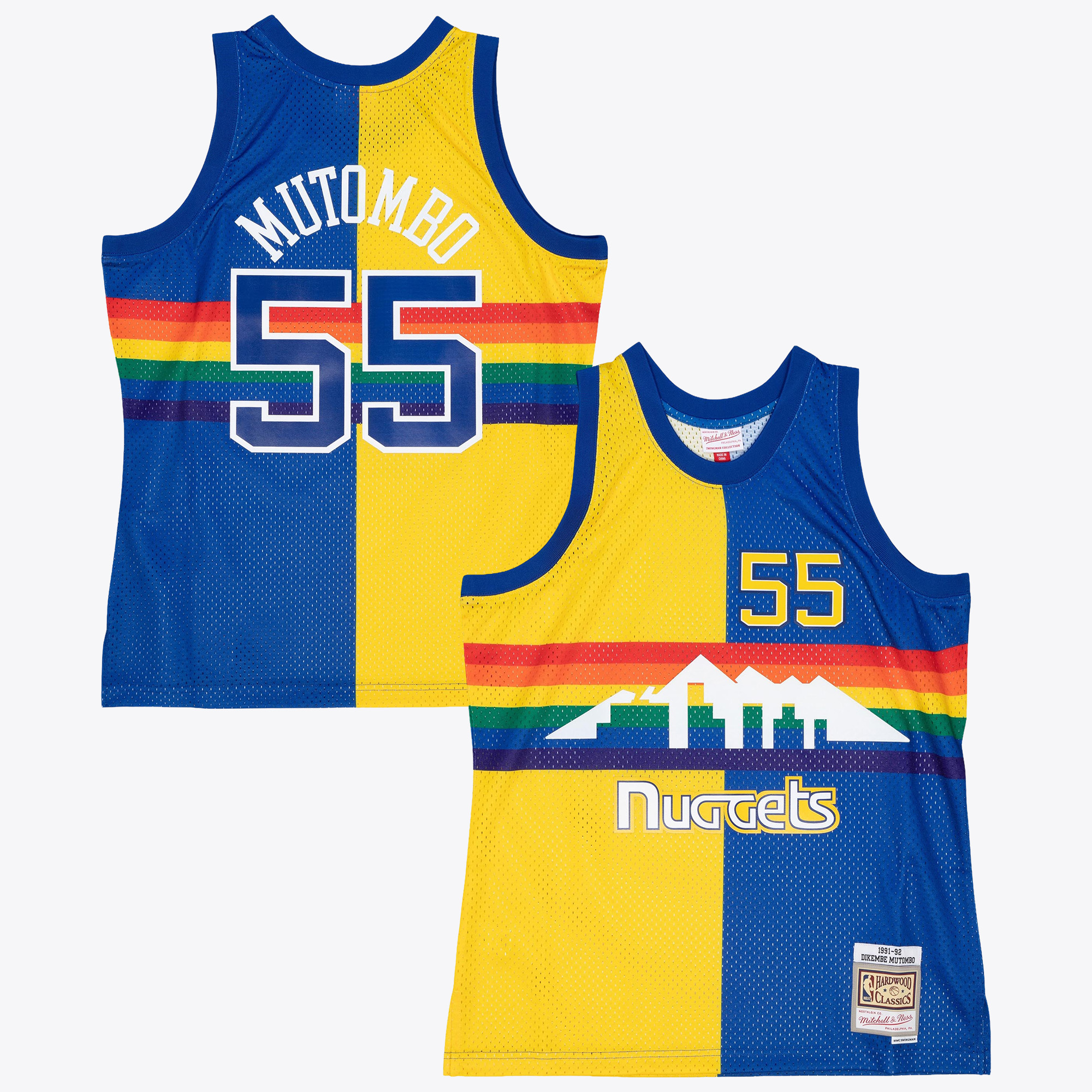Denver Nuggets Mitchell & Ness Dikembe Mutombo 1991 Split Swingman Jersey - Blue/Yellow, , rebel_hi-res