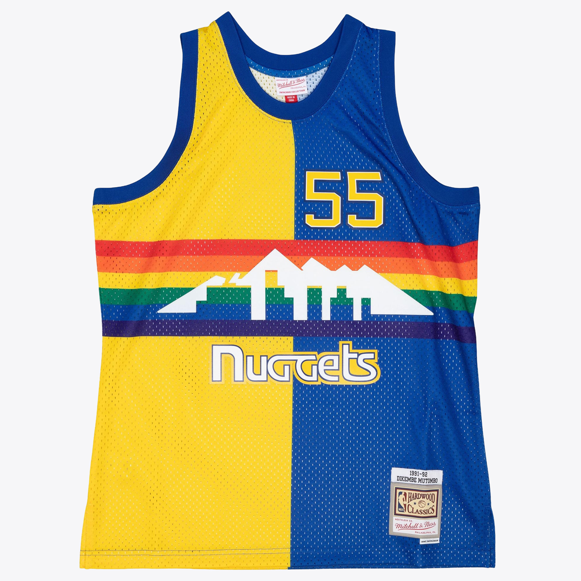 Denver Nuggets Mitchell & Ness Dikembe Mutombo 1991 Split Swingman Jersey - Blue/Yellow, , rebel_hi-res