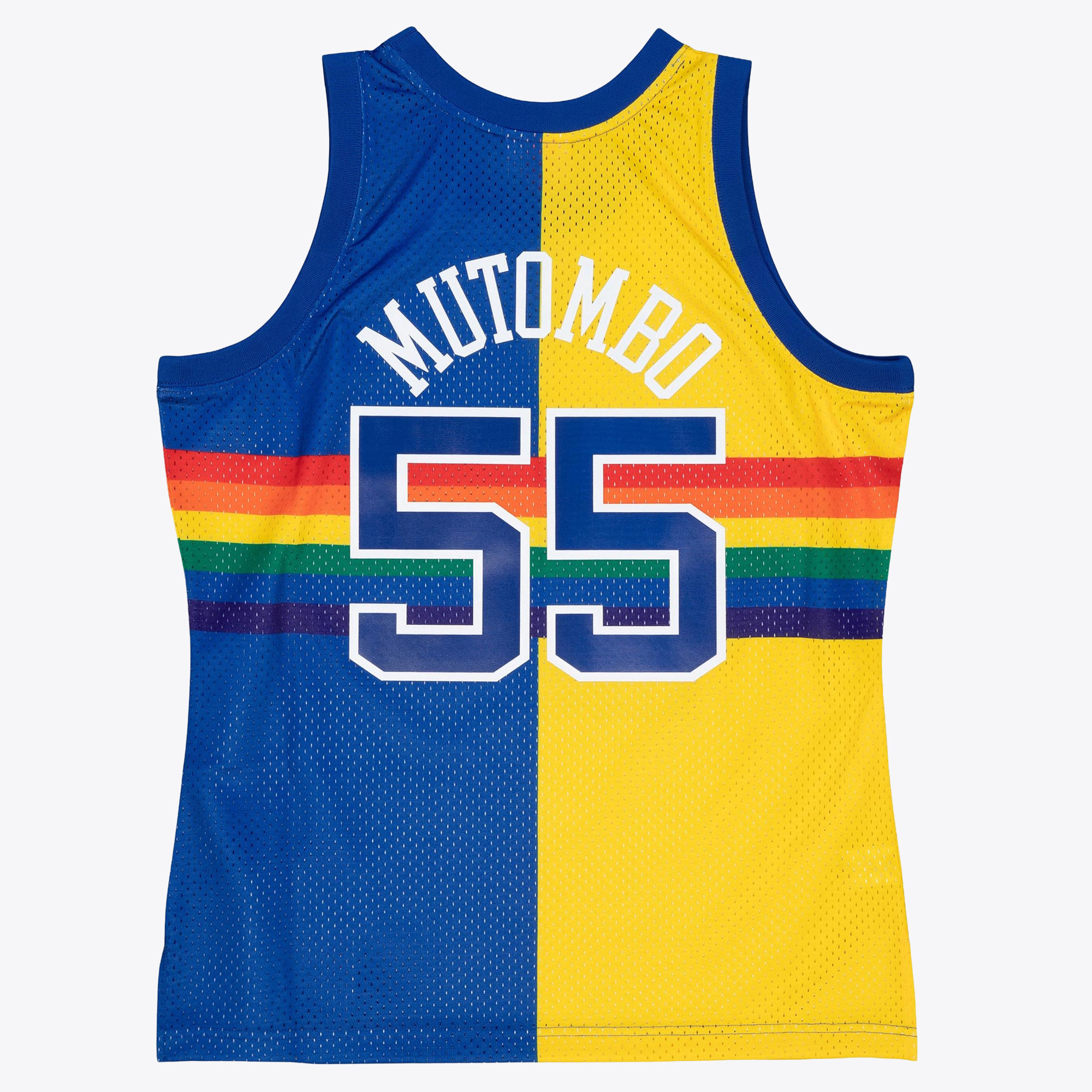 Denver Nuggets Mitchell & Ness Dikembe Mutombo 1991 Split Swingman Jersey - Blue/Yellow, , rebel_hi-res