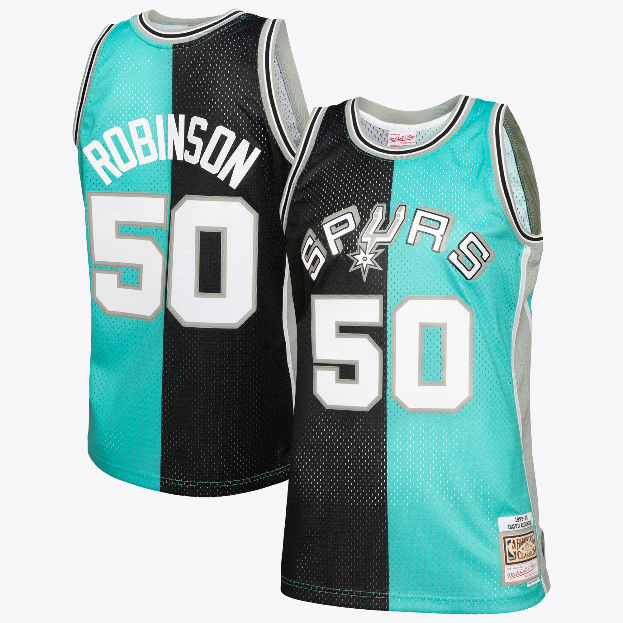 San Antonio Spurs Mitchell & Ness David Robinson 1998 Split Swingman Jersey - Black/Teal, , rebel_hi-res
