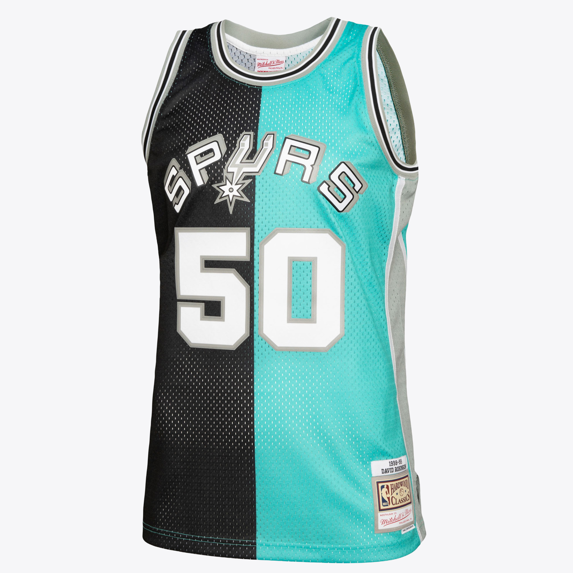 San Antonio Spurs Mitchell & Ness David Robinson 1998 Split Swingman Jersey - Black/Teal, , rebel_hi-res