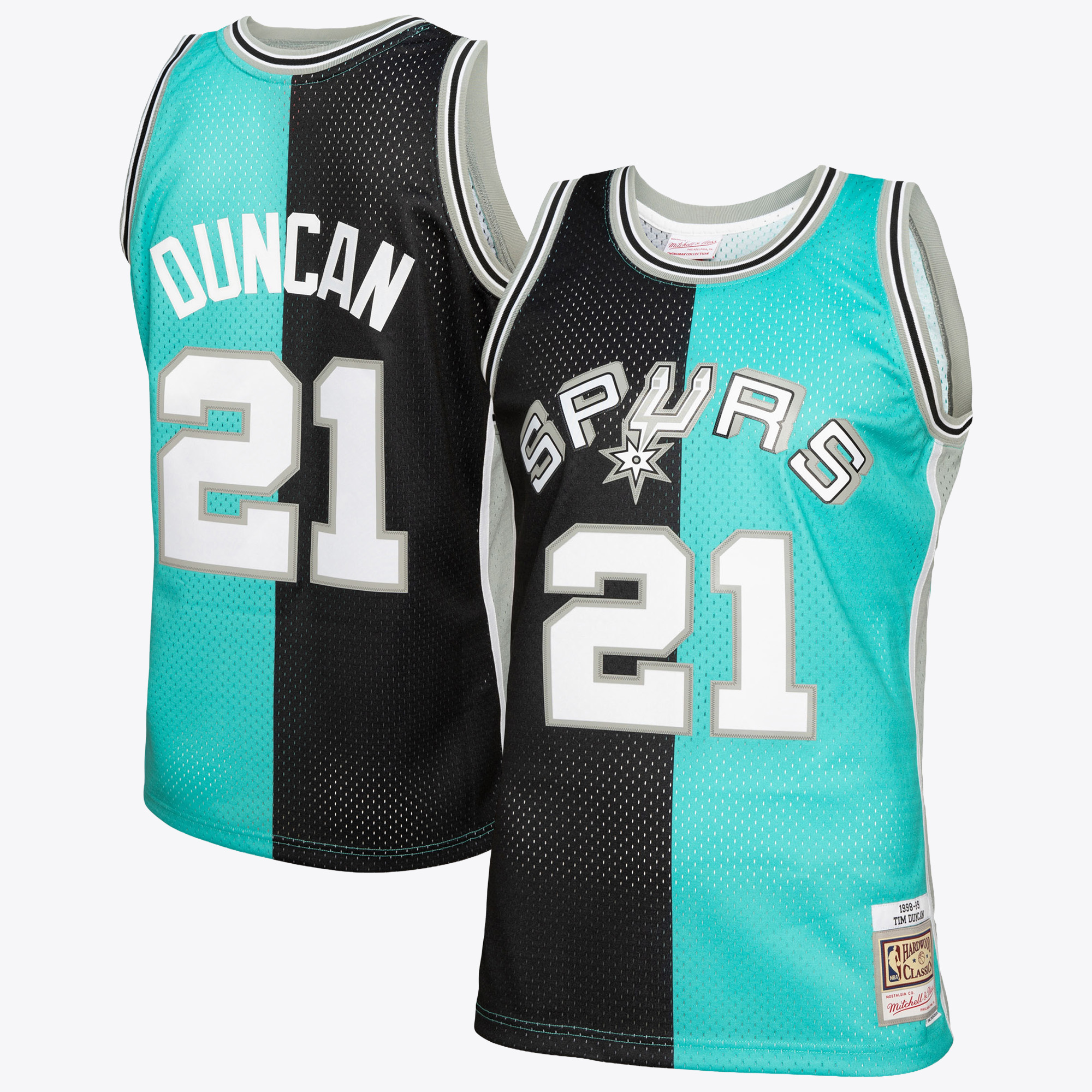 San Antonio Spurs Mitchell & Ness Tim Duncan 1998 Split Swingman Jersey - Black/Teal, , rebel_hi-res
