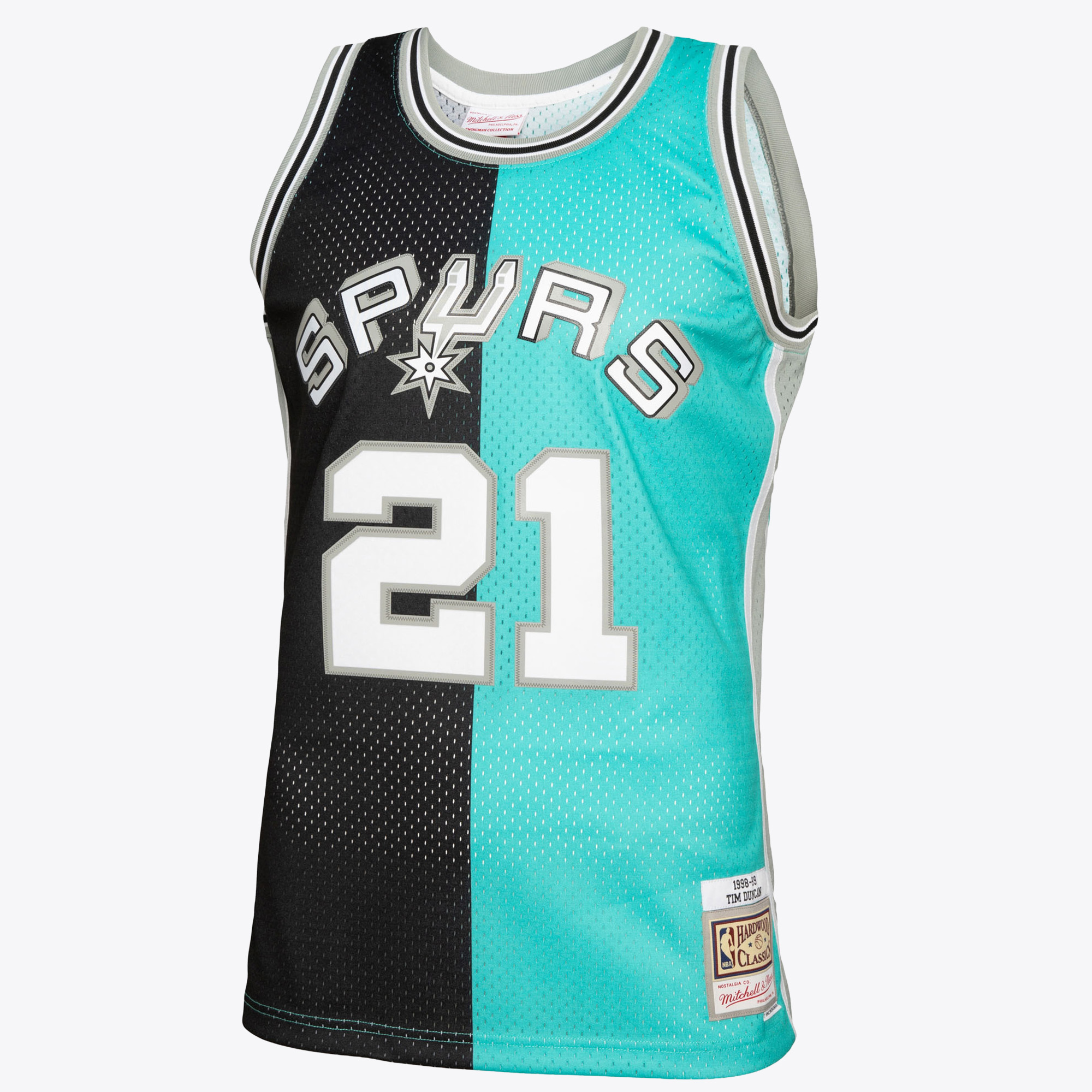 San Antonio Spurs Mitchell & Ness Tim Duncan 1998 Split Swingman Jersey - Black/Teal, , rebel_hi-res