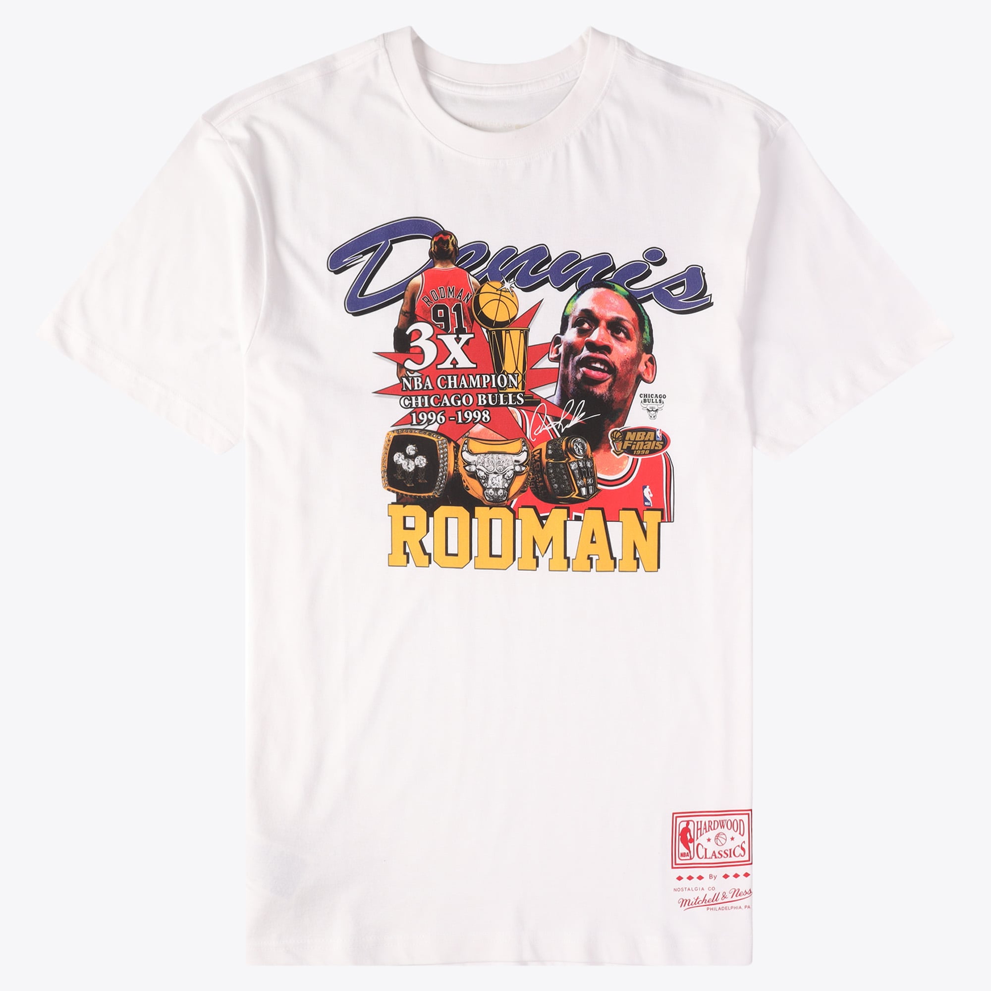 Chicago Bulls Mitchell & Ness Dennis Rodman Rings T-Shirt - White - Mens, , rebel_hi-res