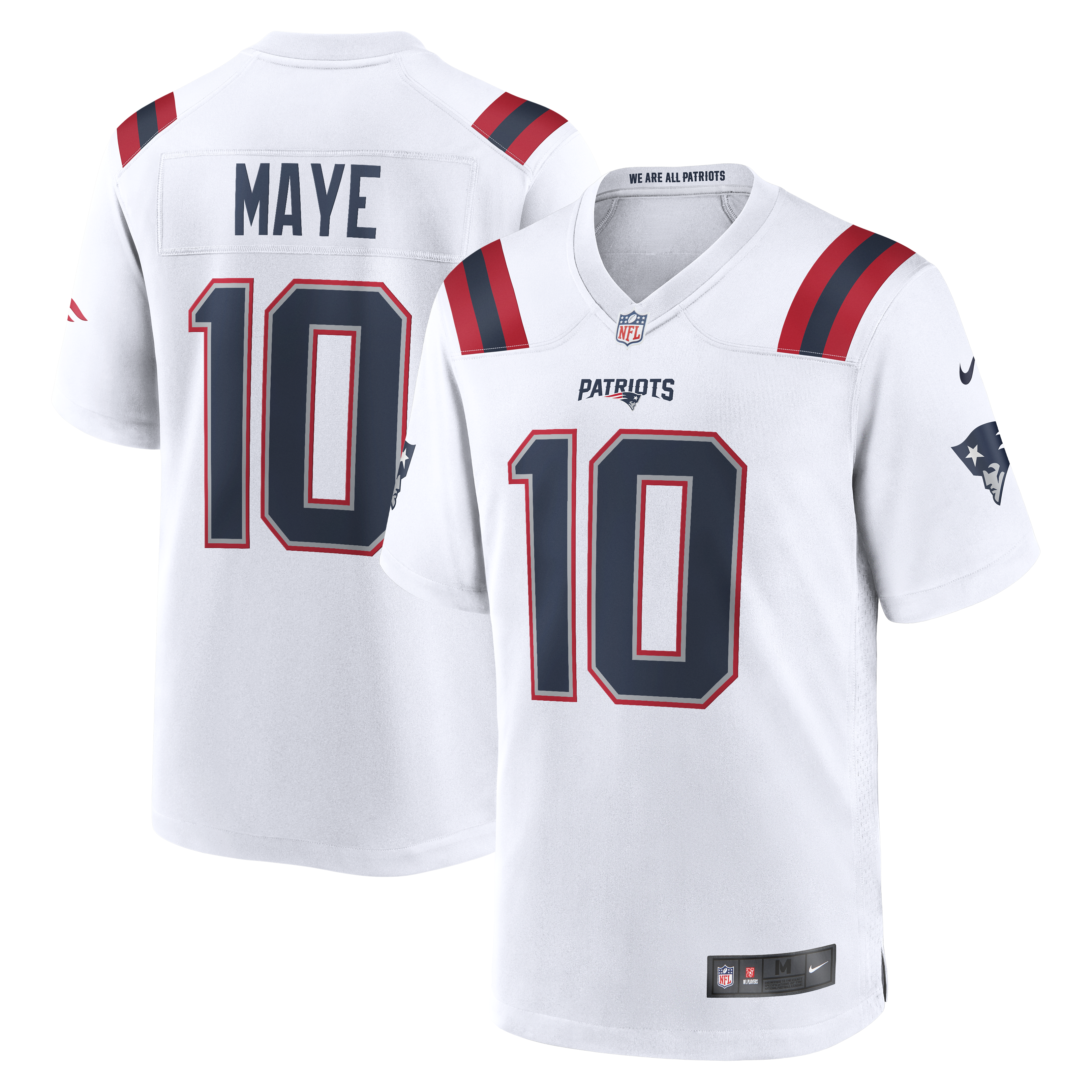 New England Patriots Nike Game Road Jersey - White - Drake Maye - Mens, , rebel_hi-res