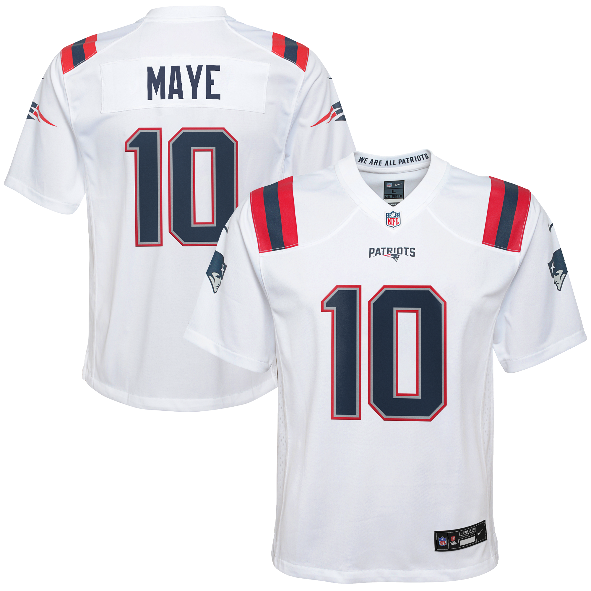 New England Patriots Nike Game Road Jersey - White - Drake Maye - Youth, , rebel_hi-res