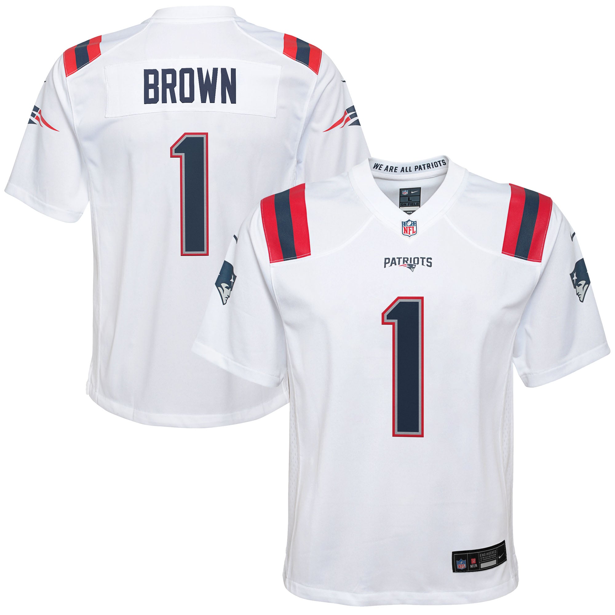 New England Patriots Nike Game Road Jersey - White - A.J. Brown - Youth