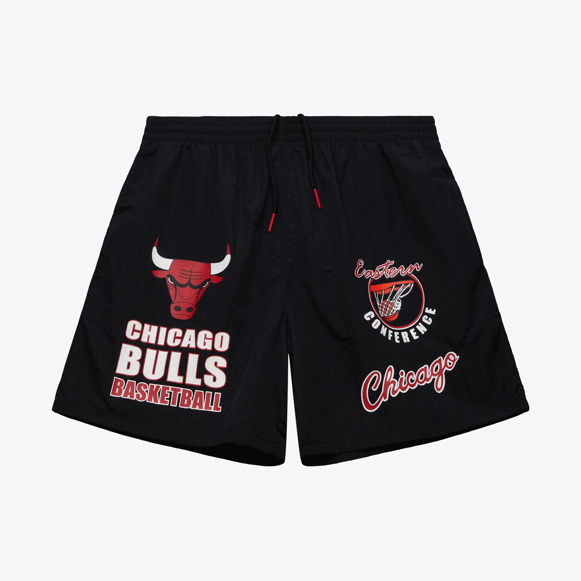 Chicago Bulls Mitchell & Ness Multi Hit Nylon Shorts Vintage Logo - Black - Mens, , rebel_hi-res