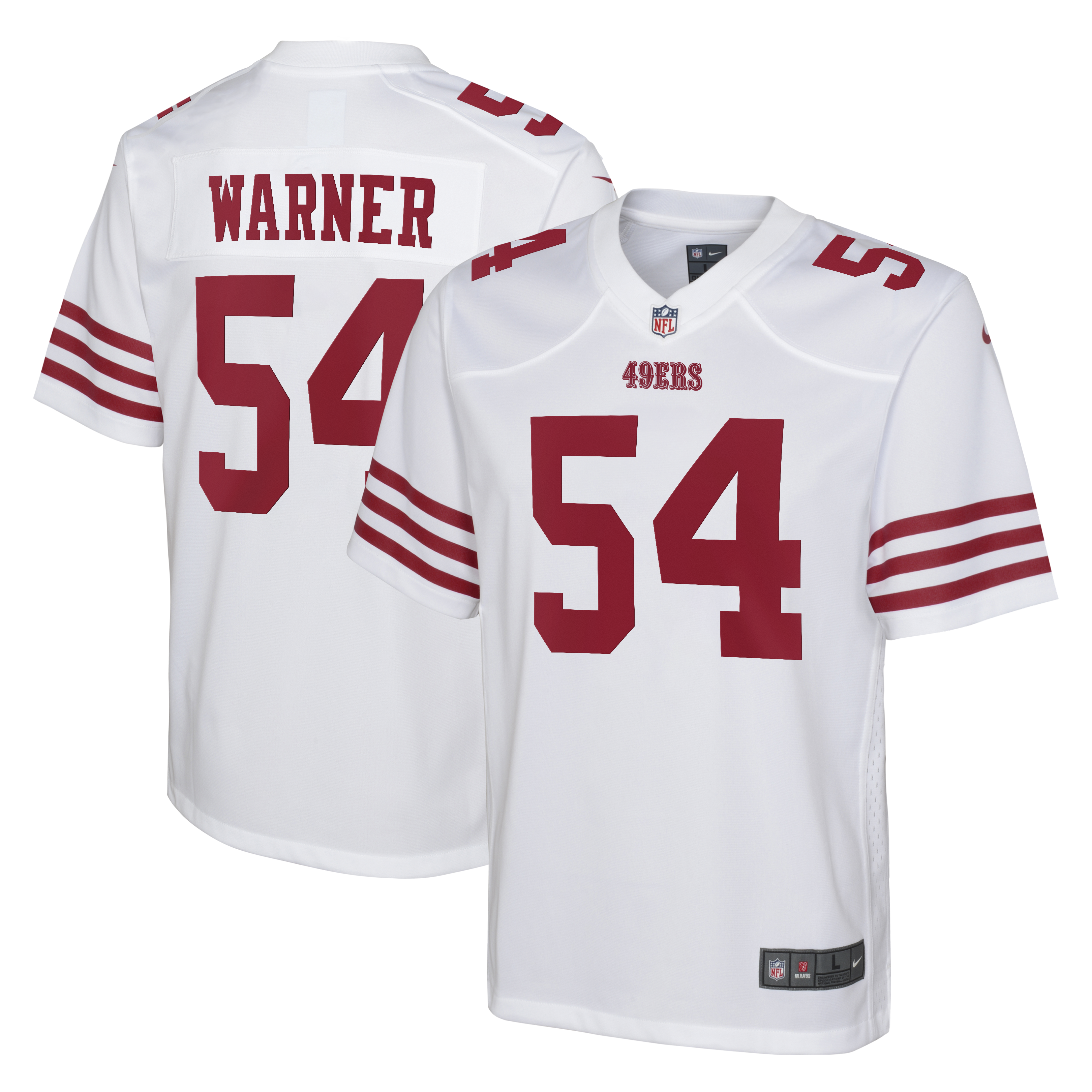 San Francisco 49ers Road Game Jersey - White - Fred Warner - Youth, , rebel_hi-res
