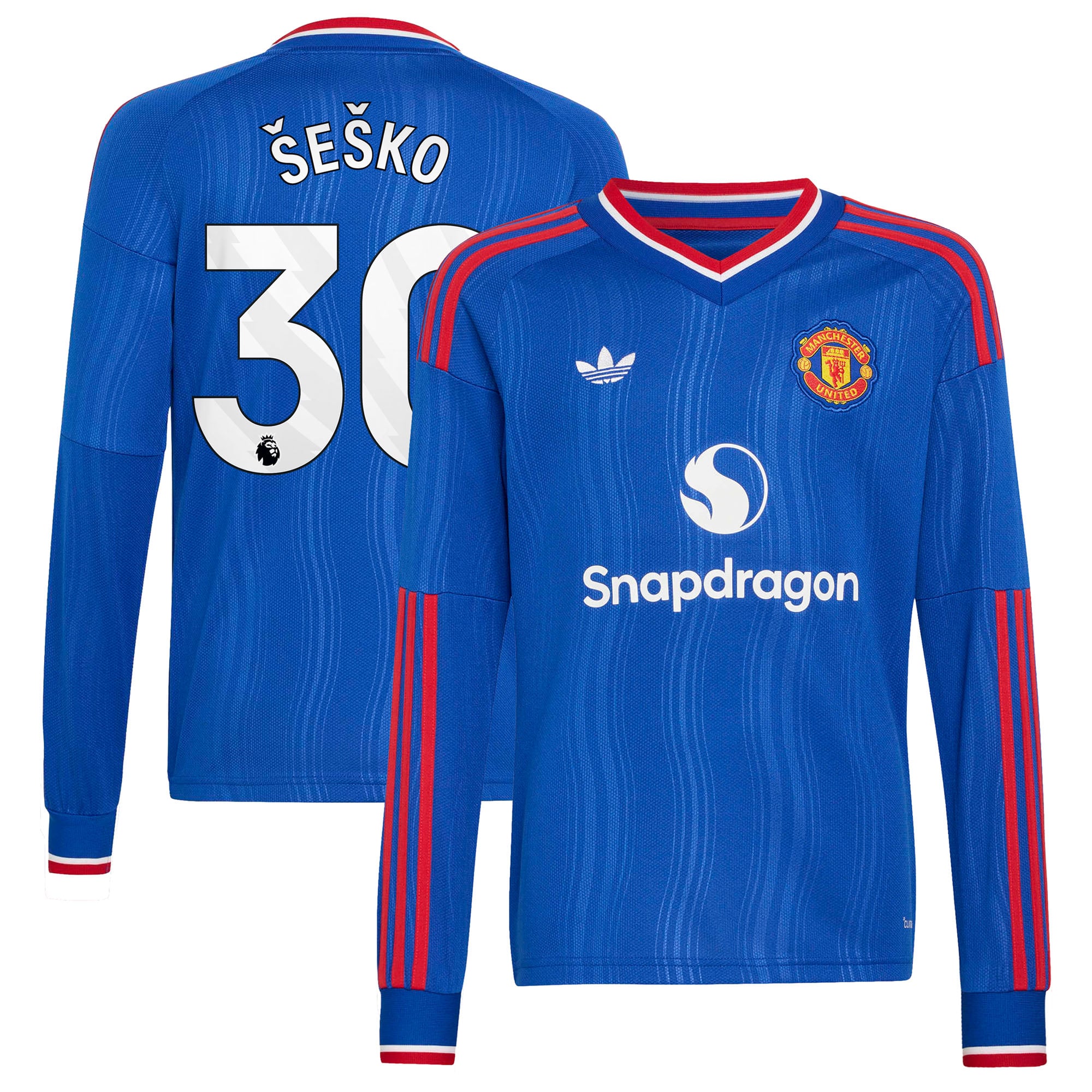 Manchester United adidas Away Shirt 2026-27 - Long Sleeve - Kids with Šeško 30 printing
