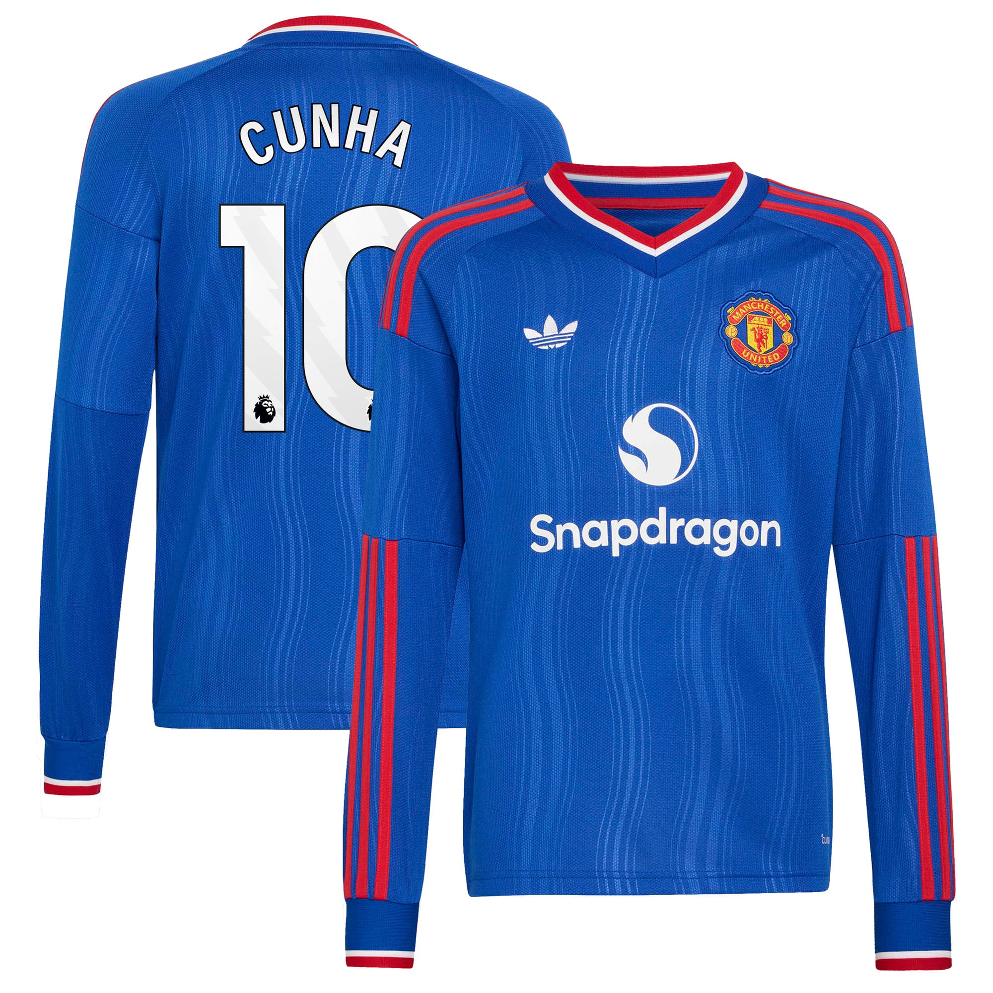 Manchester United adidas Away Shirt 2026-27 - Long Sleeve - Kids with Cunha 10 printing