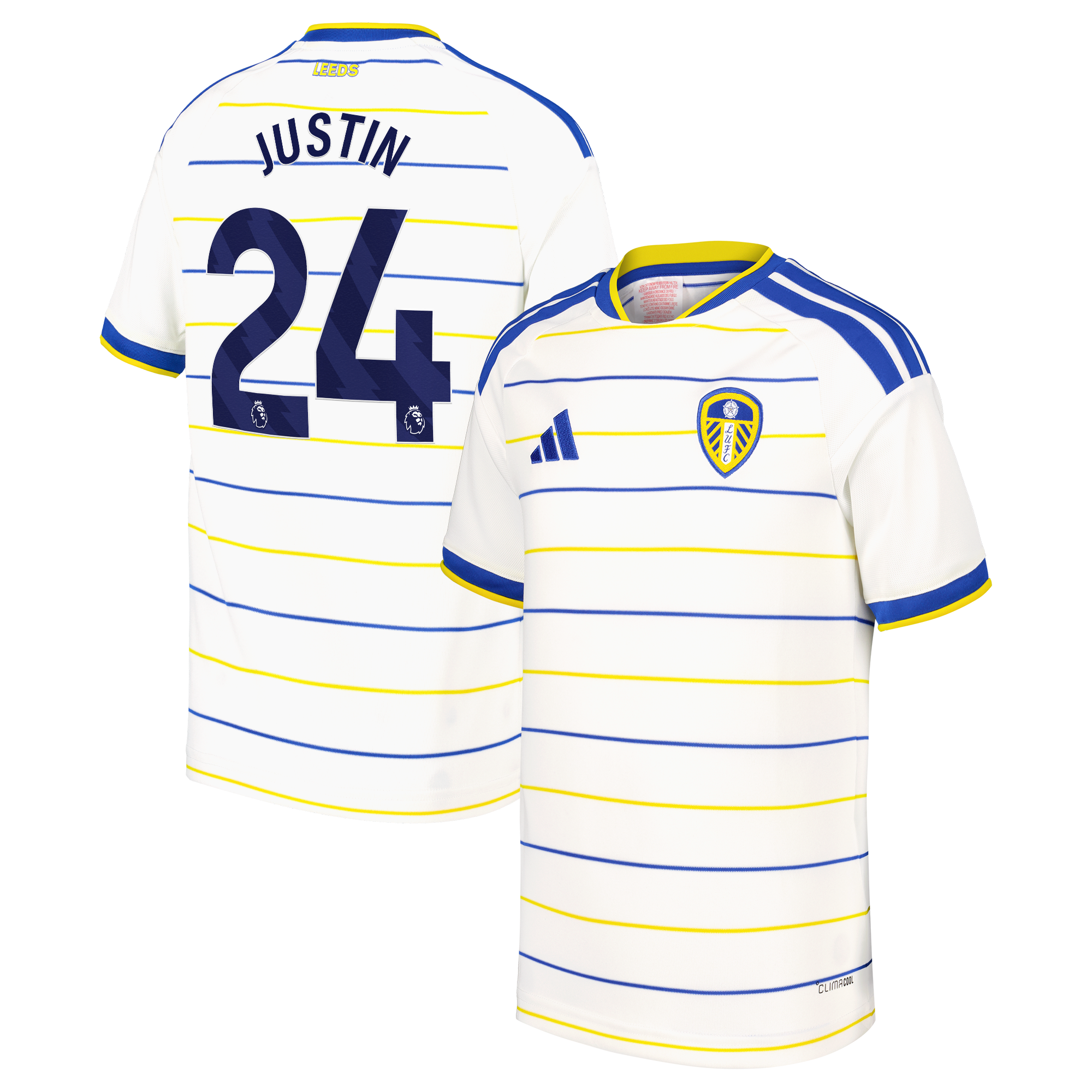 Leeds United adidas Home Shirt 2026-27 - Kids with Justin 24 printing, , rebel_hi-res