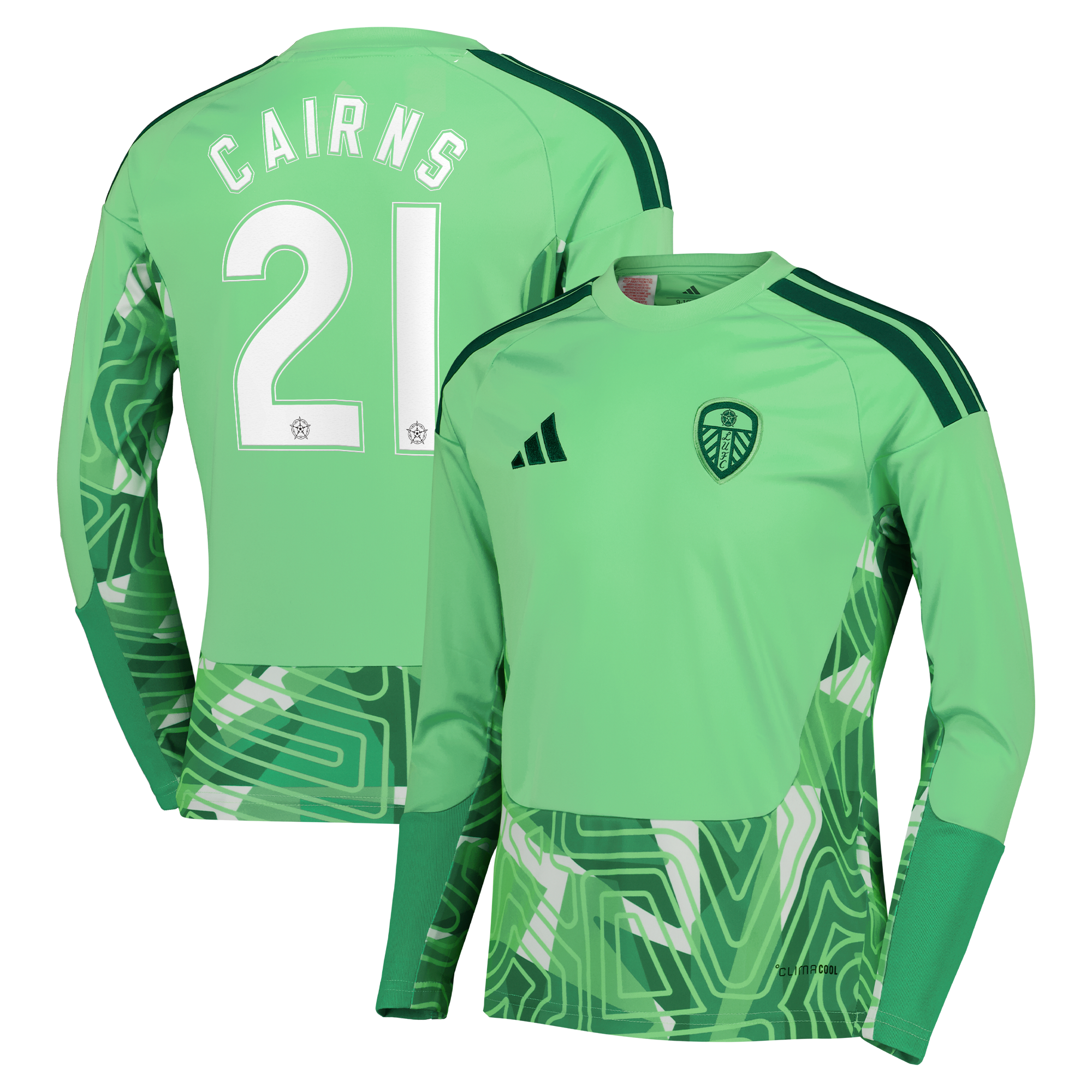 Leeds United adidas Goalkeeper Shirt 2026-27 - Long Sleeve - Kids with Cairns 21 Cup printing, , rebel_hi-res
