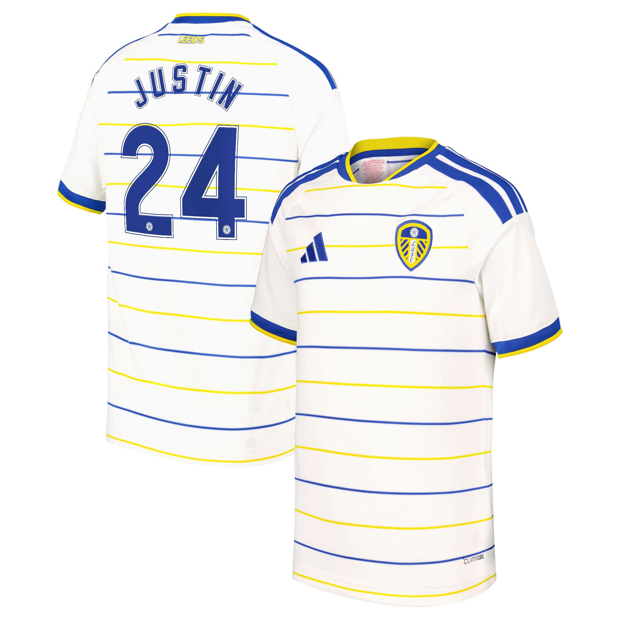 Leeds United adidas Home Shirt 2026-27 - Kids with Justin 24 Cup printing, , rebel_hi-res