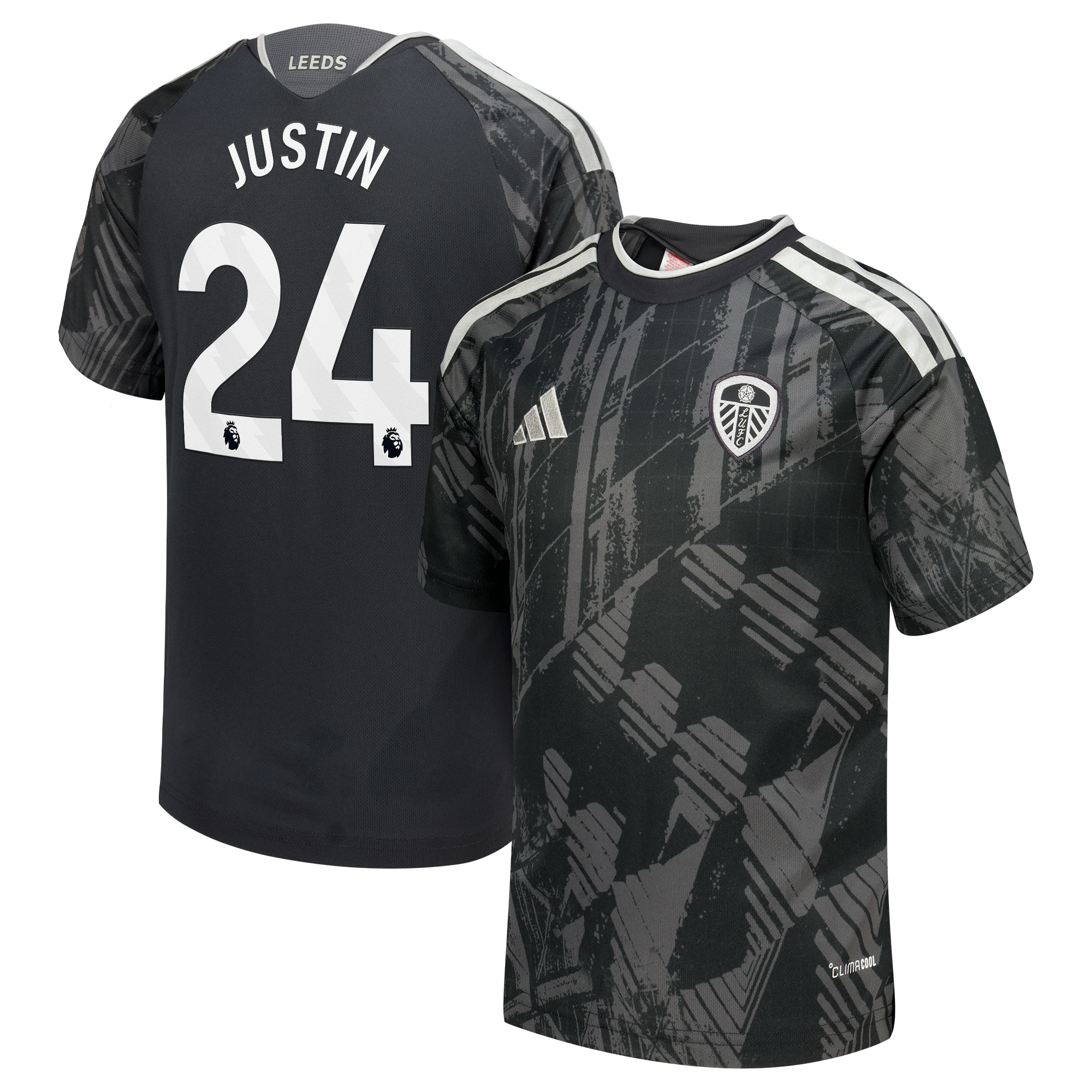 Leeds United adidas Third Shirt 2026-27 - Kids with Justin 24 printing