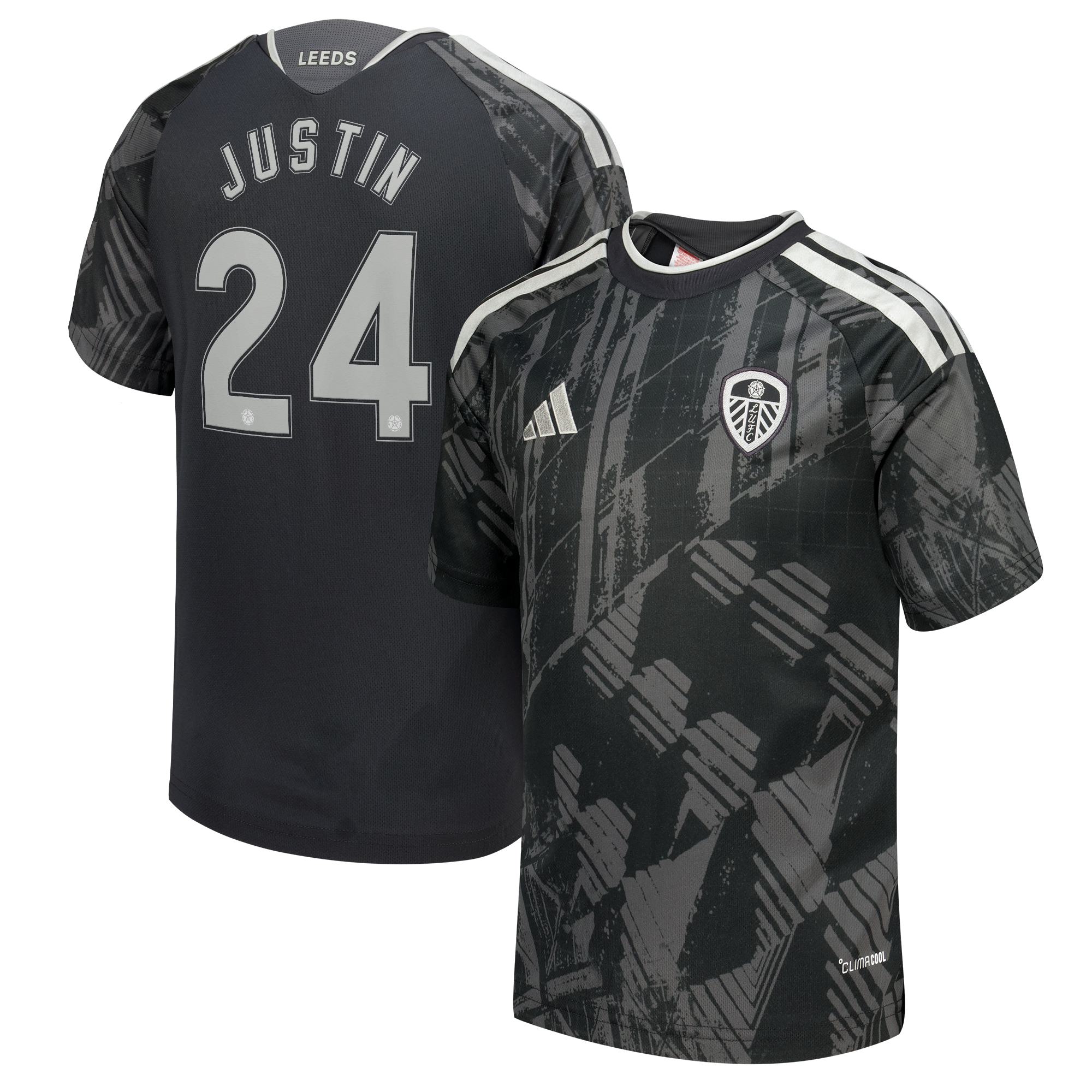 Leeds United adidas Third Shirt 2026-27 - Kids with Justin 24 Cup printing