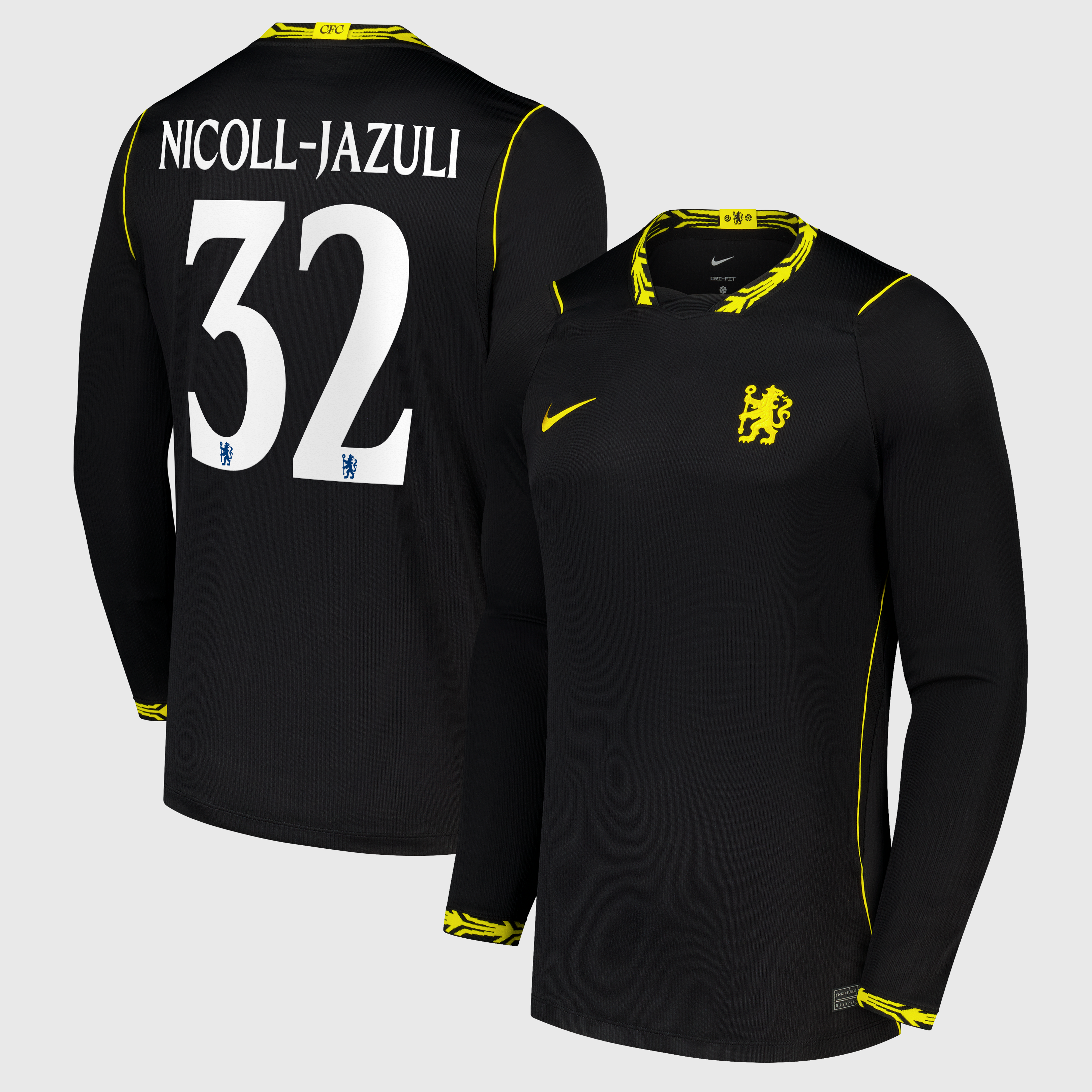 Chelsea Nike Away Stadium Long Sleeve Shirt 2026-27 with Nicoll-Jazuli 32 printing