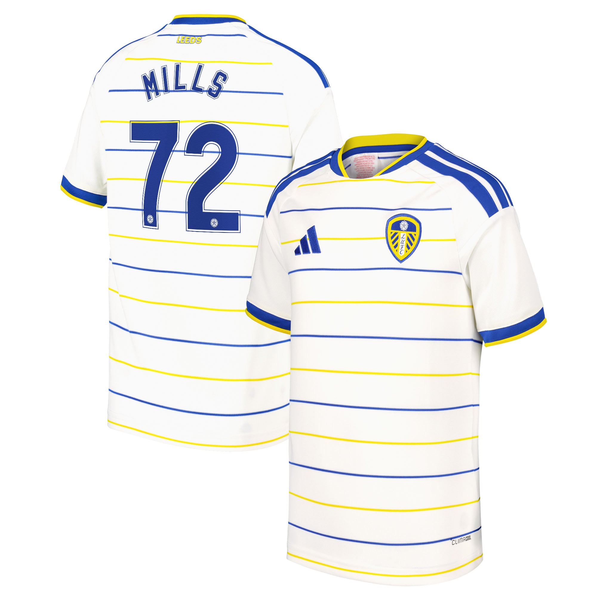 Leeds United adidas Home Shirt 2026-27 - Kids with Mills 72 Cup printing