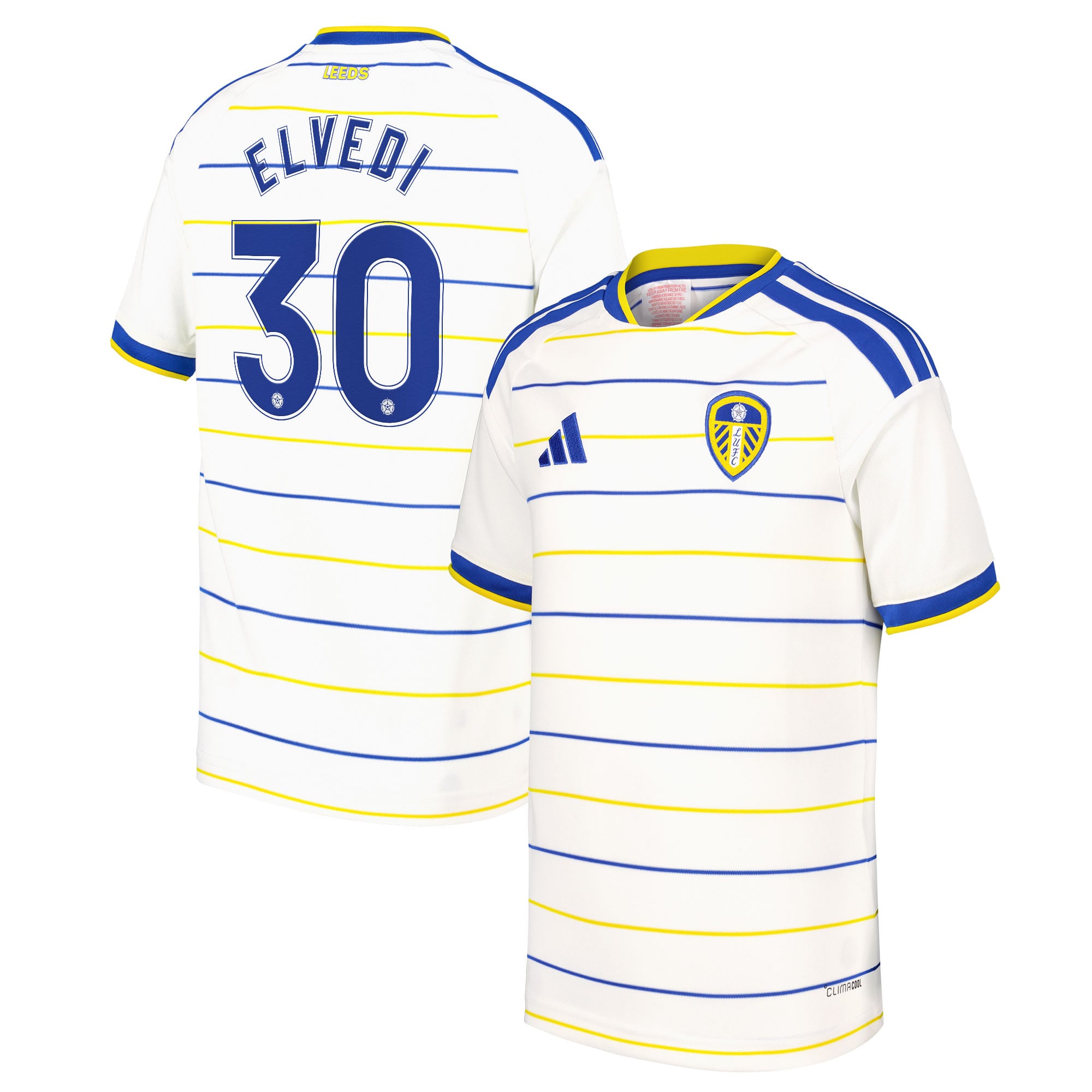 Leeds United adidas Home Shirt 2026-27 - Kids with Elvedi 30 Cup printing