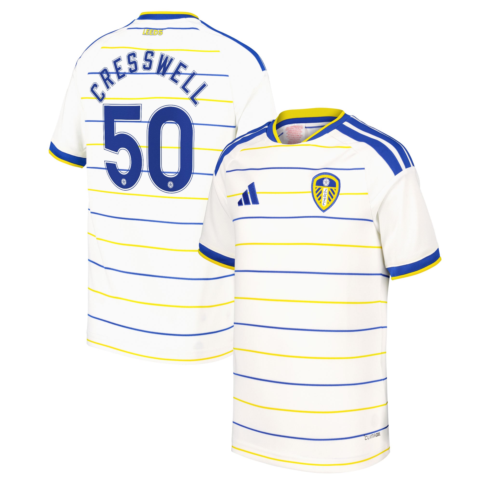 Leeds United adidas Home Shirt 2026-27 - Kids with Cresswell 50 Cup printing