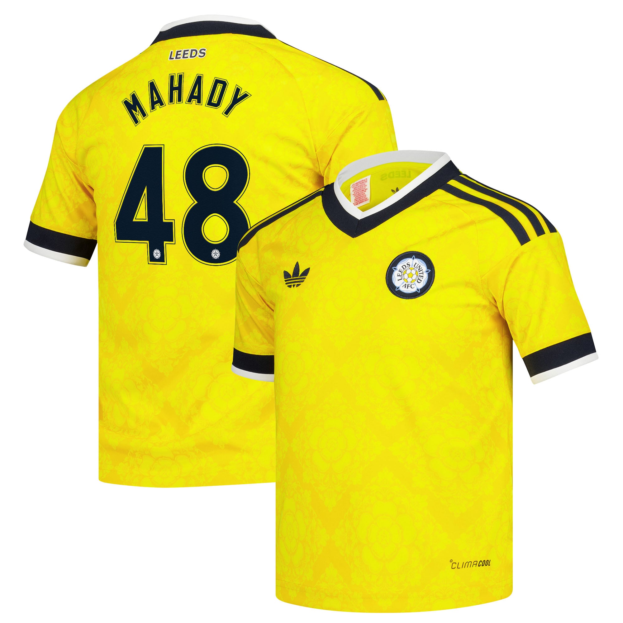 Leeds United adidas Away Shirt 2026-27 - Kids with Mahady 48 Cup printing